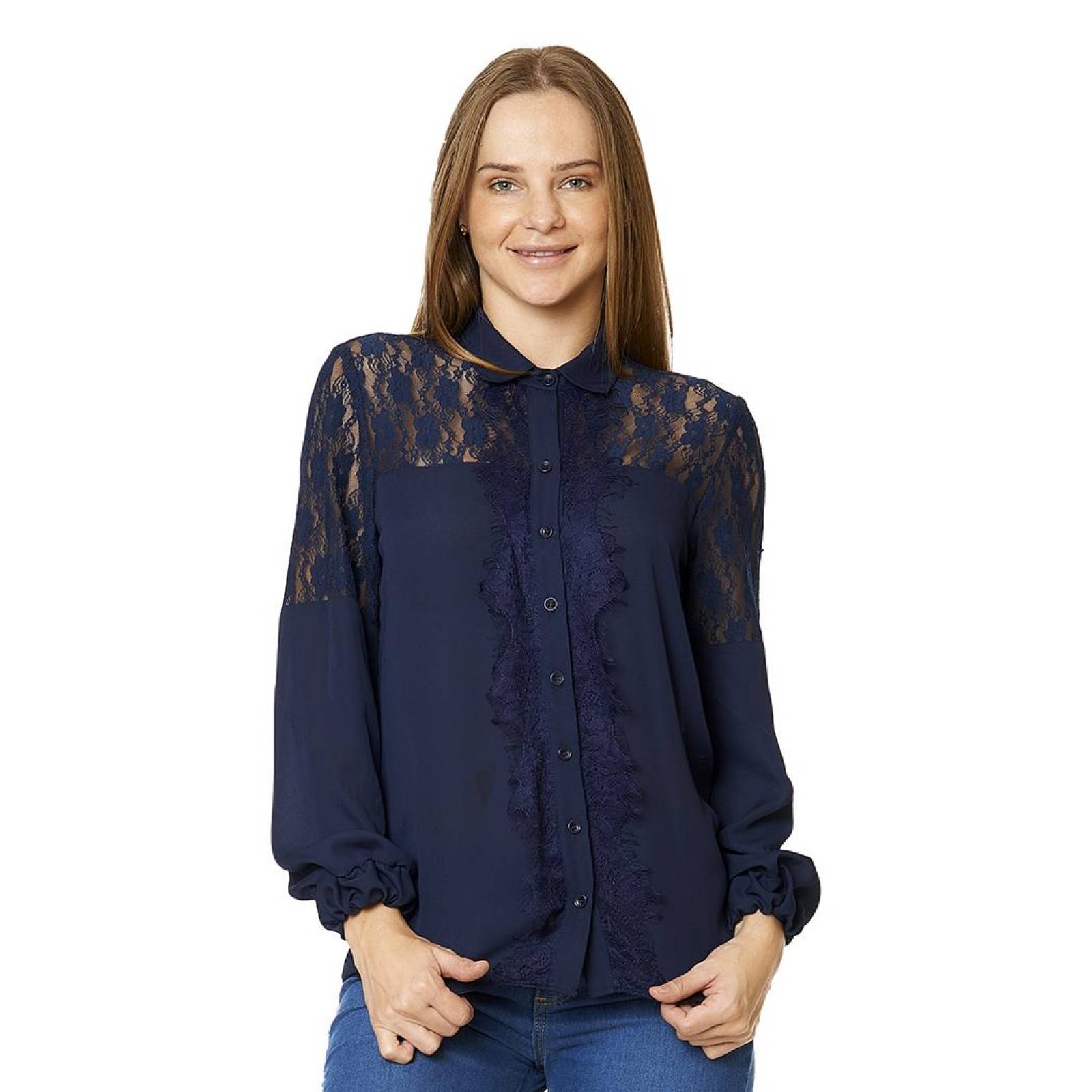 Blusa Mujer Con Cuello y Encaje al frente Casual Formal Marino 