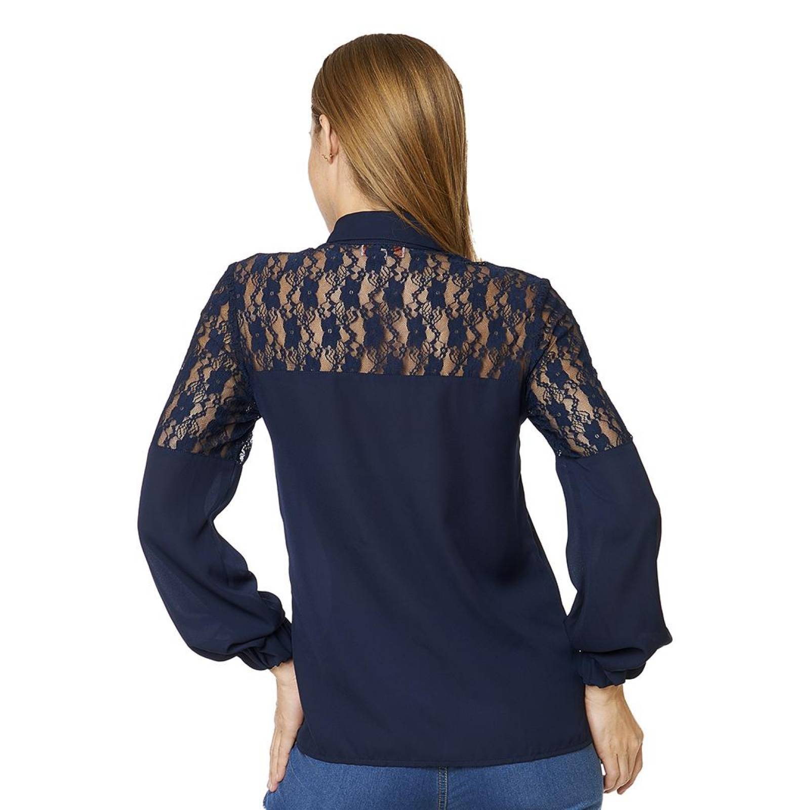 Blusa Mujer Con Cuello y Encaje al frente Casual Formal Marino 