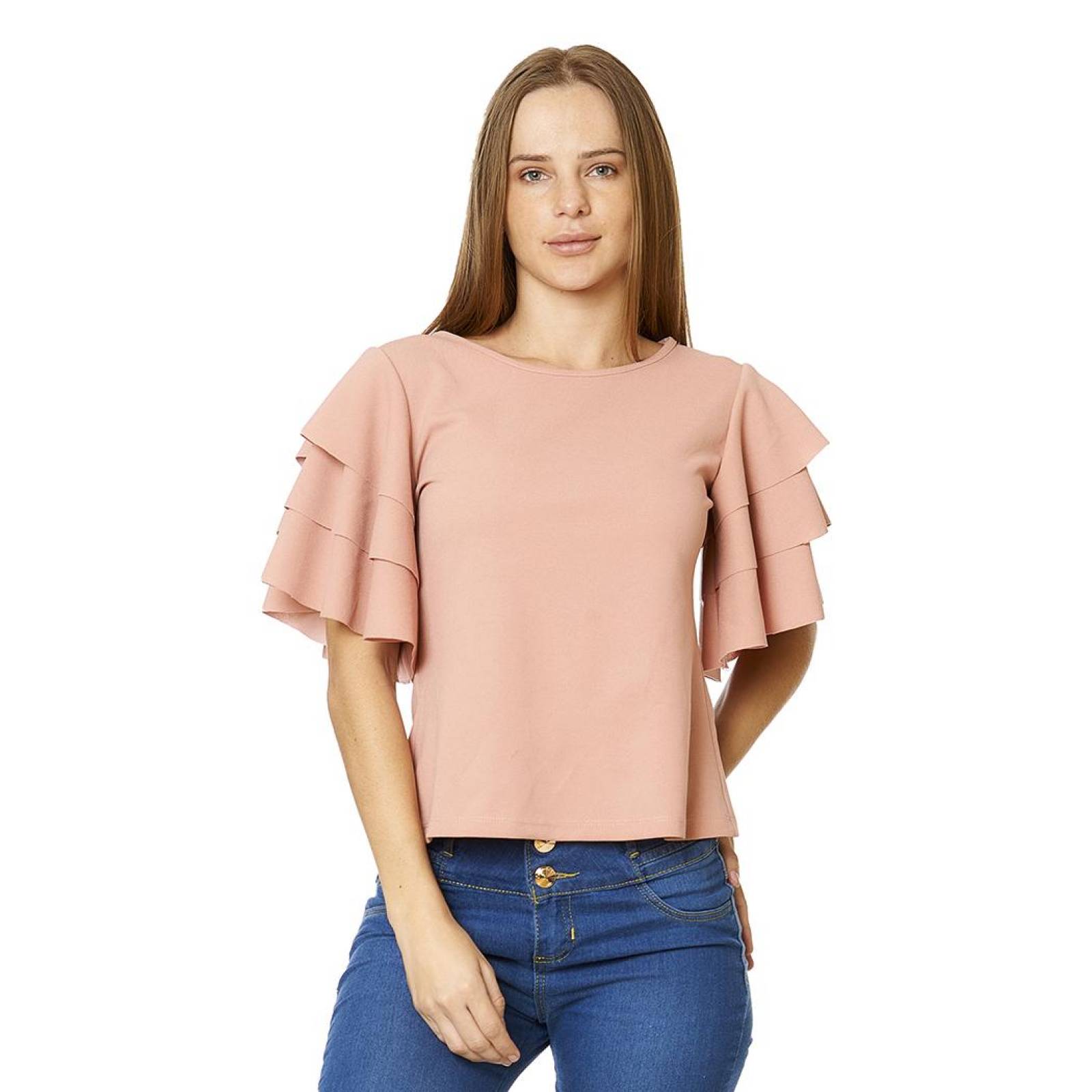 Blusa Lisa Mujer Manga Corta Olanes Casual Palo de Rosa 