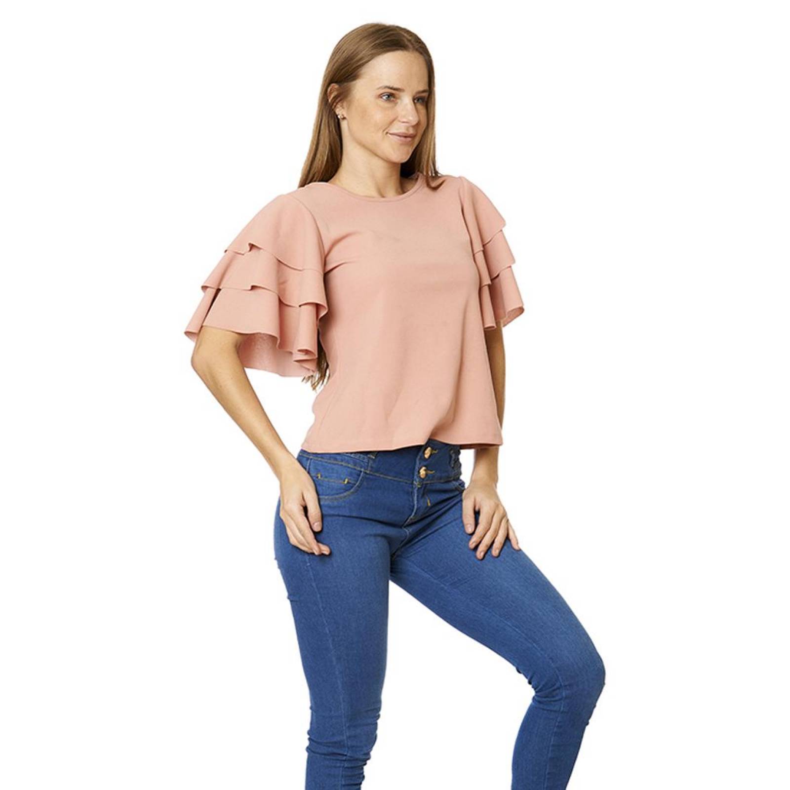 Blusa Lisa Mujer Manga Corta Olanes Casual Palo de Rosa 
