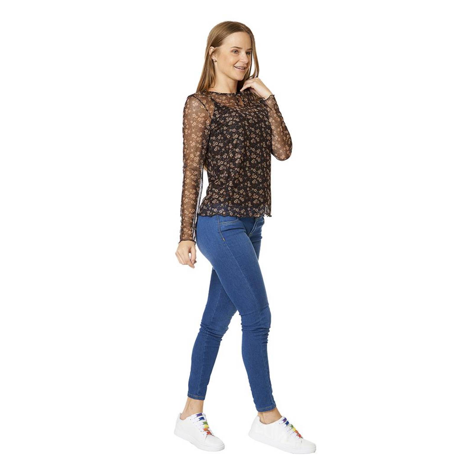 Blusa Mujer Juvenil Mesh Estampado Floral Con Top Casual 