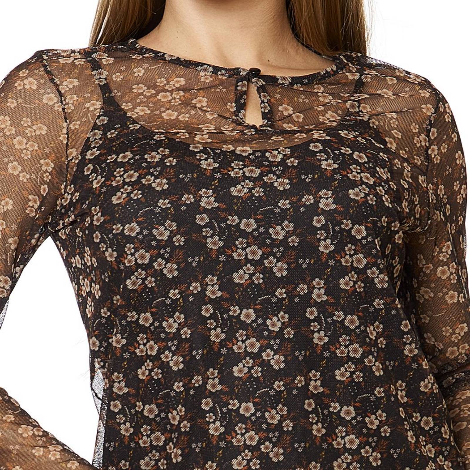 Blusa Mujer Juvenil Mesh Estampado Floral Con Top Casual 