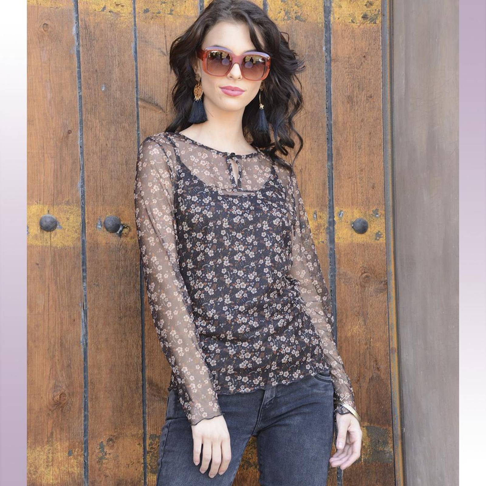 Blusa Mujer Juvenil Mesh Estampado Floral Con Top Casual 