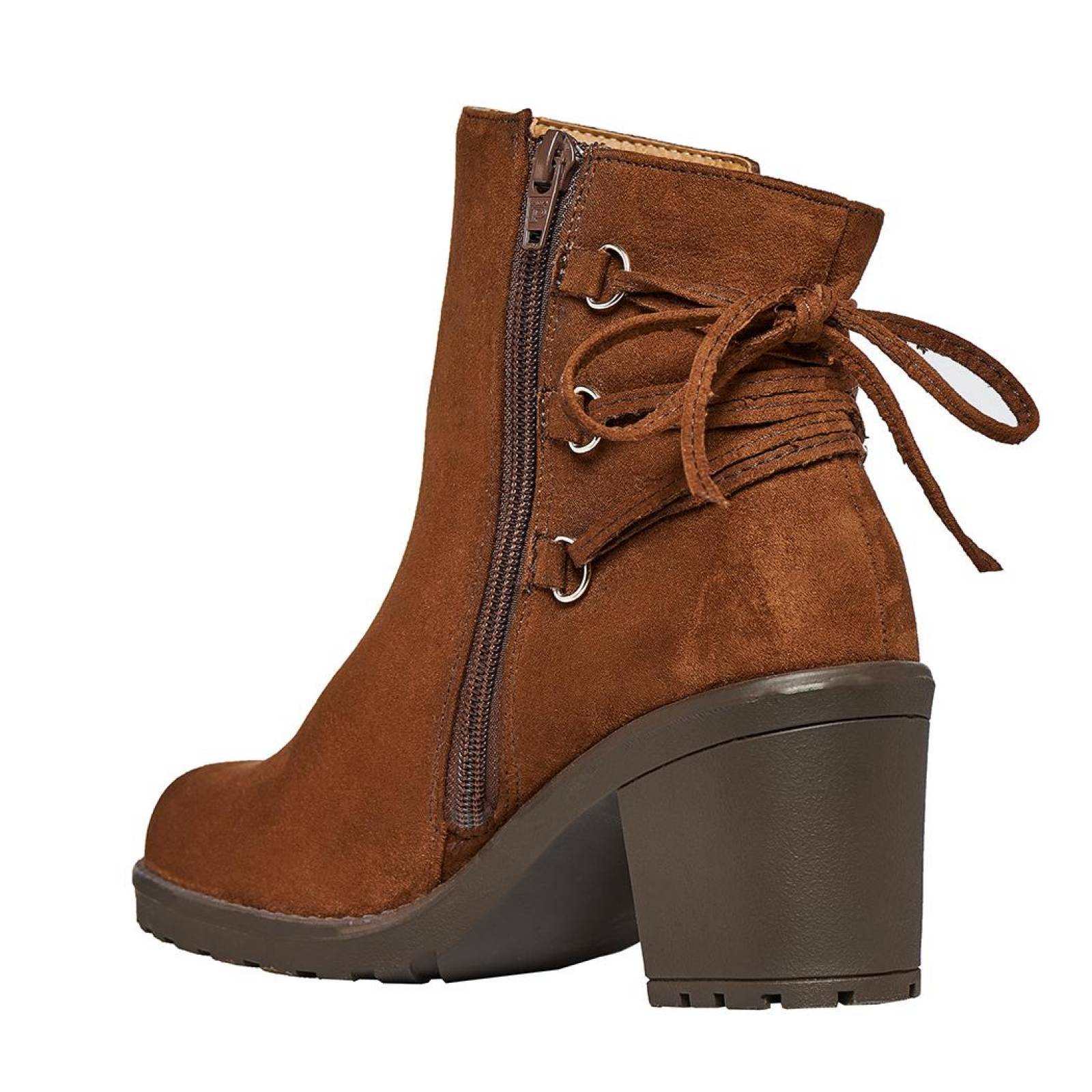 Botín Mujer Tipo Gamuza Tacón Ancho Cordon Moda Casual 