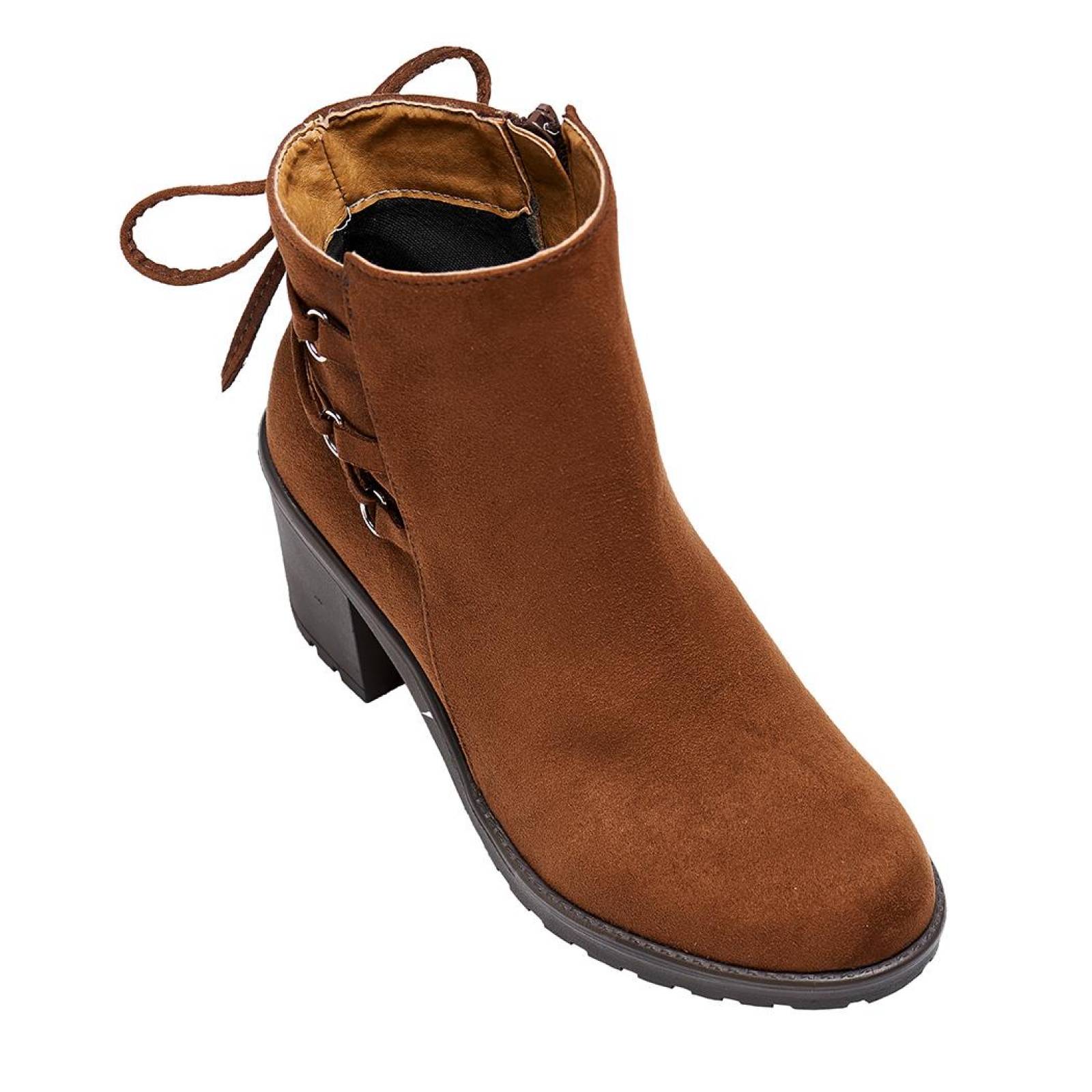 Botín Mujer Tipo Gamuza Tacón Ancho Cordon Moda Casual 