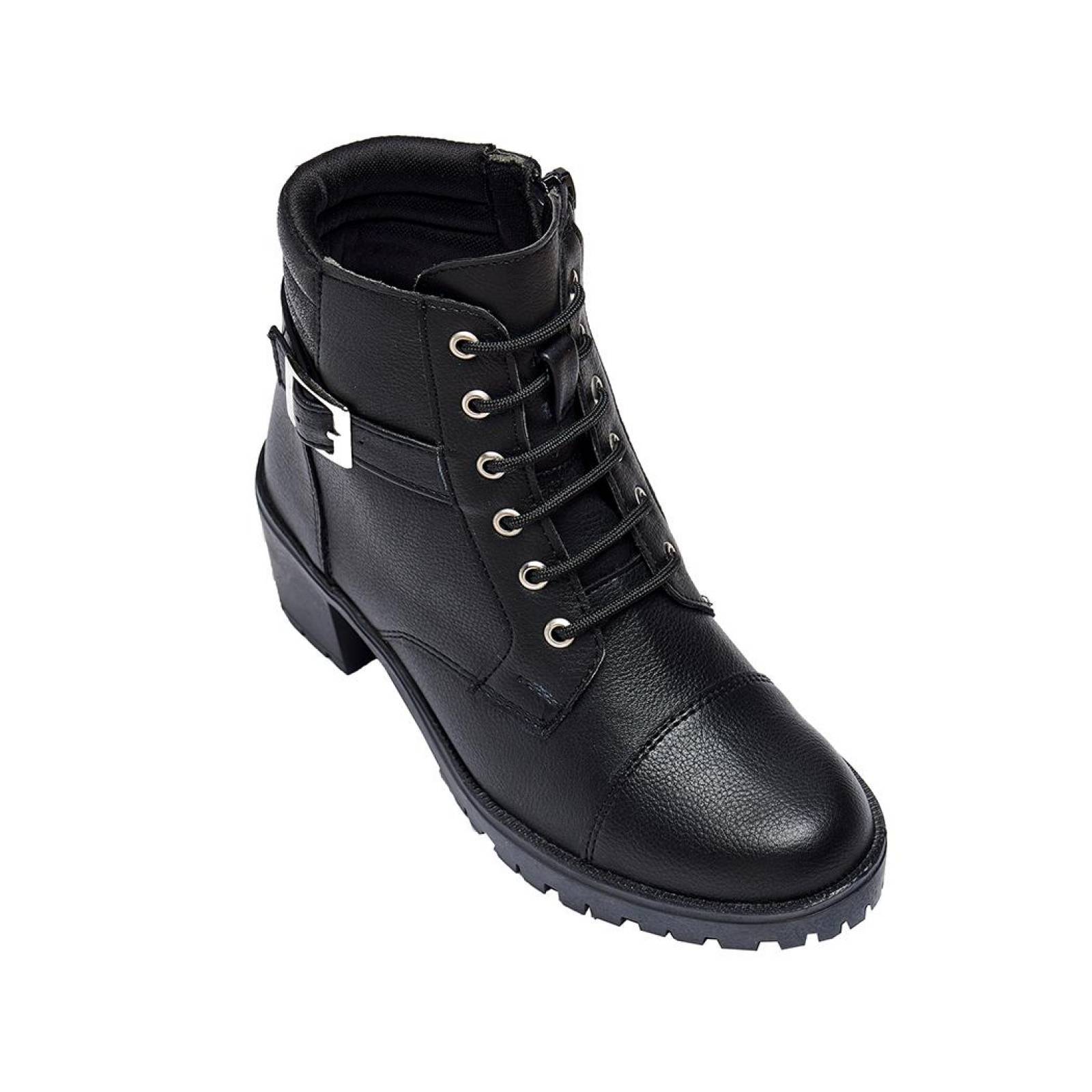 Botín Mujer Tipo Piel Con Hebilla Moda Casual Urbano Negro