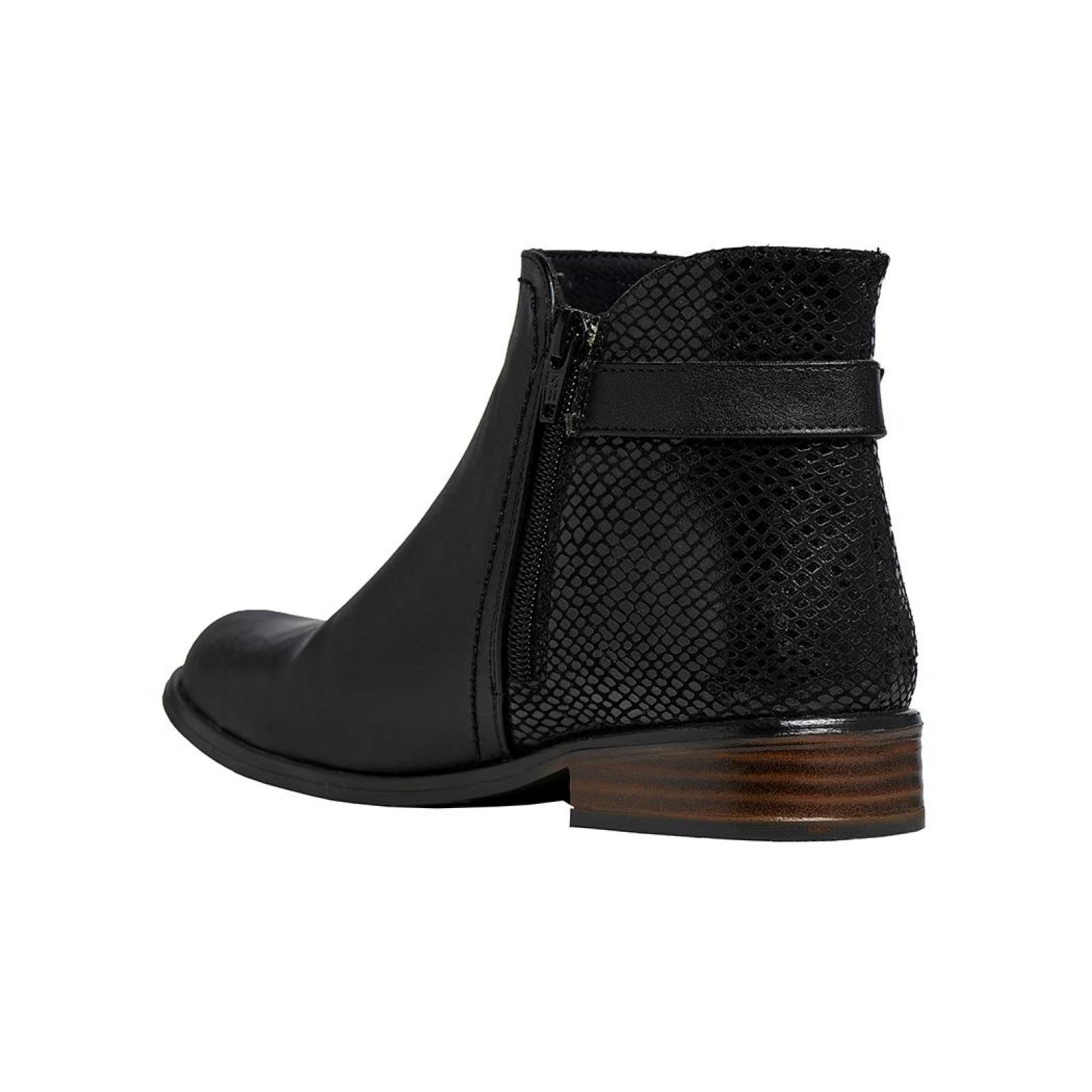 Botines Mujer Tipo Piel Con Texturas Tacón Bajo Casuales Negro