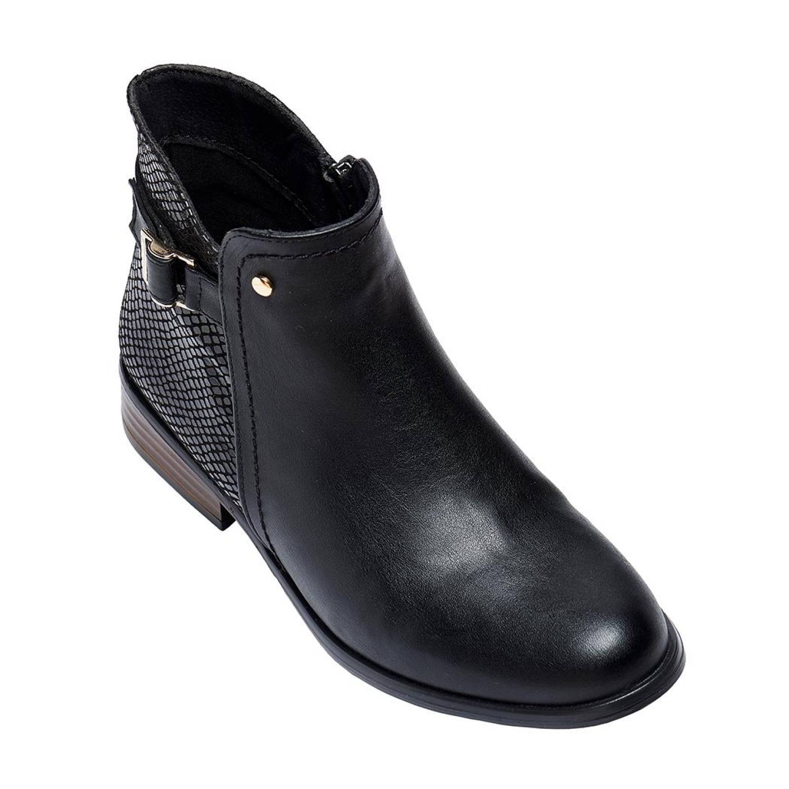 Botines Mujer Tipo Piel Con Texturas Tacón Bajo Casuales Negro