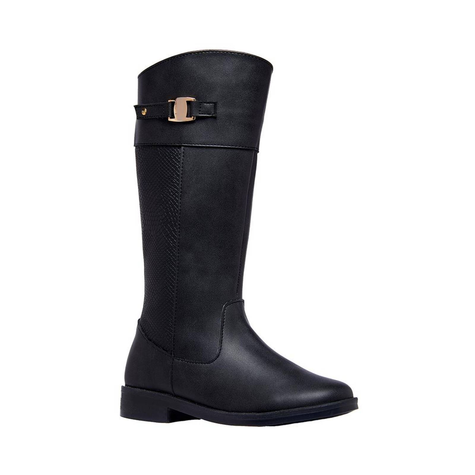 Botas Mujer Con Herraje Tacón Bajo Tipo Piel Negro Casuales