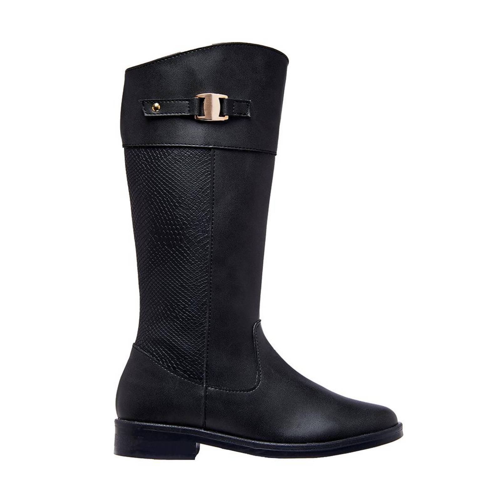 Botas Mujer Con Herraje Tacón Bajo Tipo Piel Negro Casuales