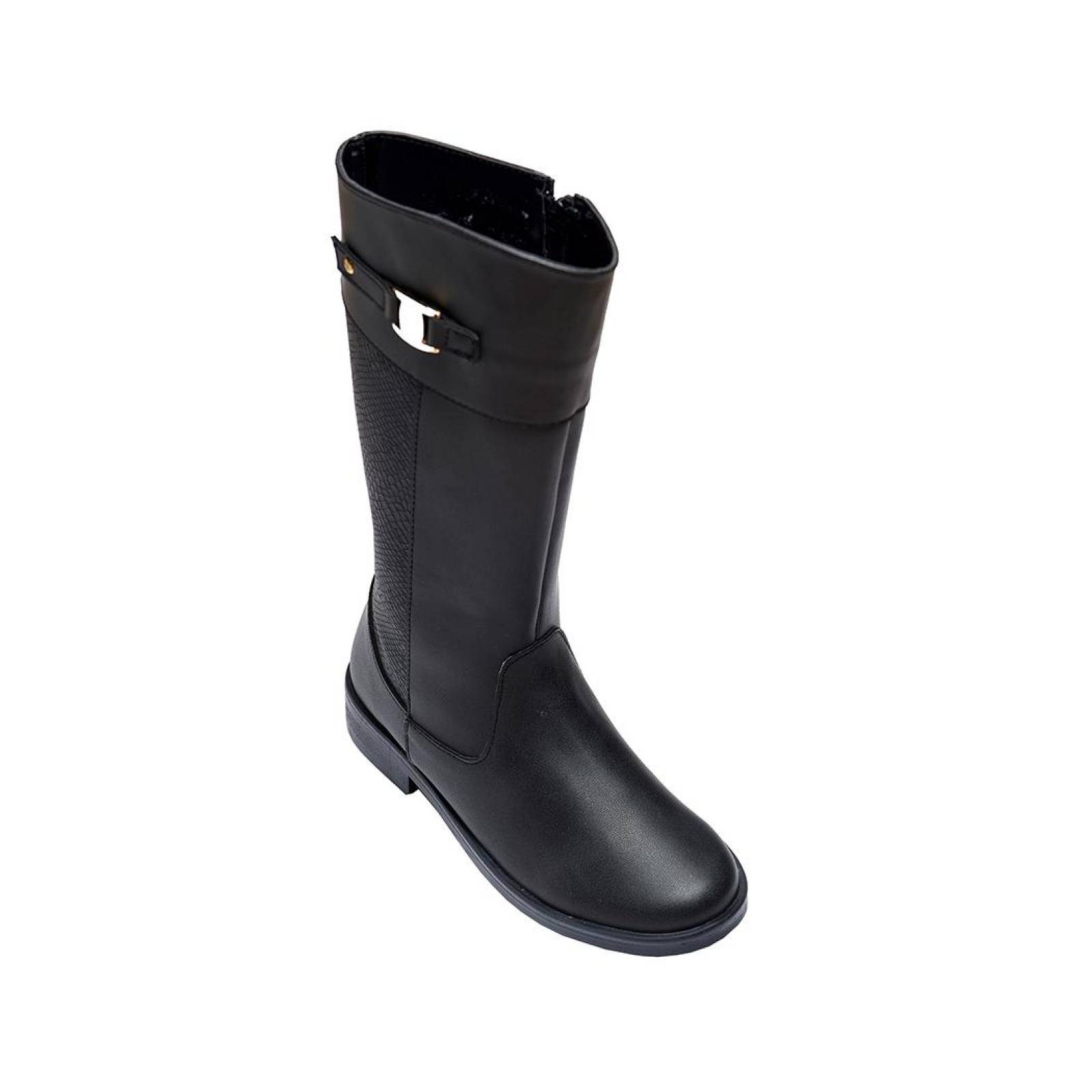 Botas Mujer Con Herraje Tacón Bajo Tipo Piel Negro Casuales