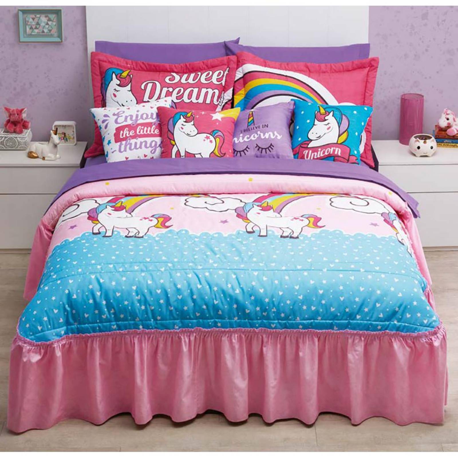 Colcha Individual Con cojín Infantil Diseño Unicornios Suave 