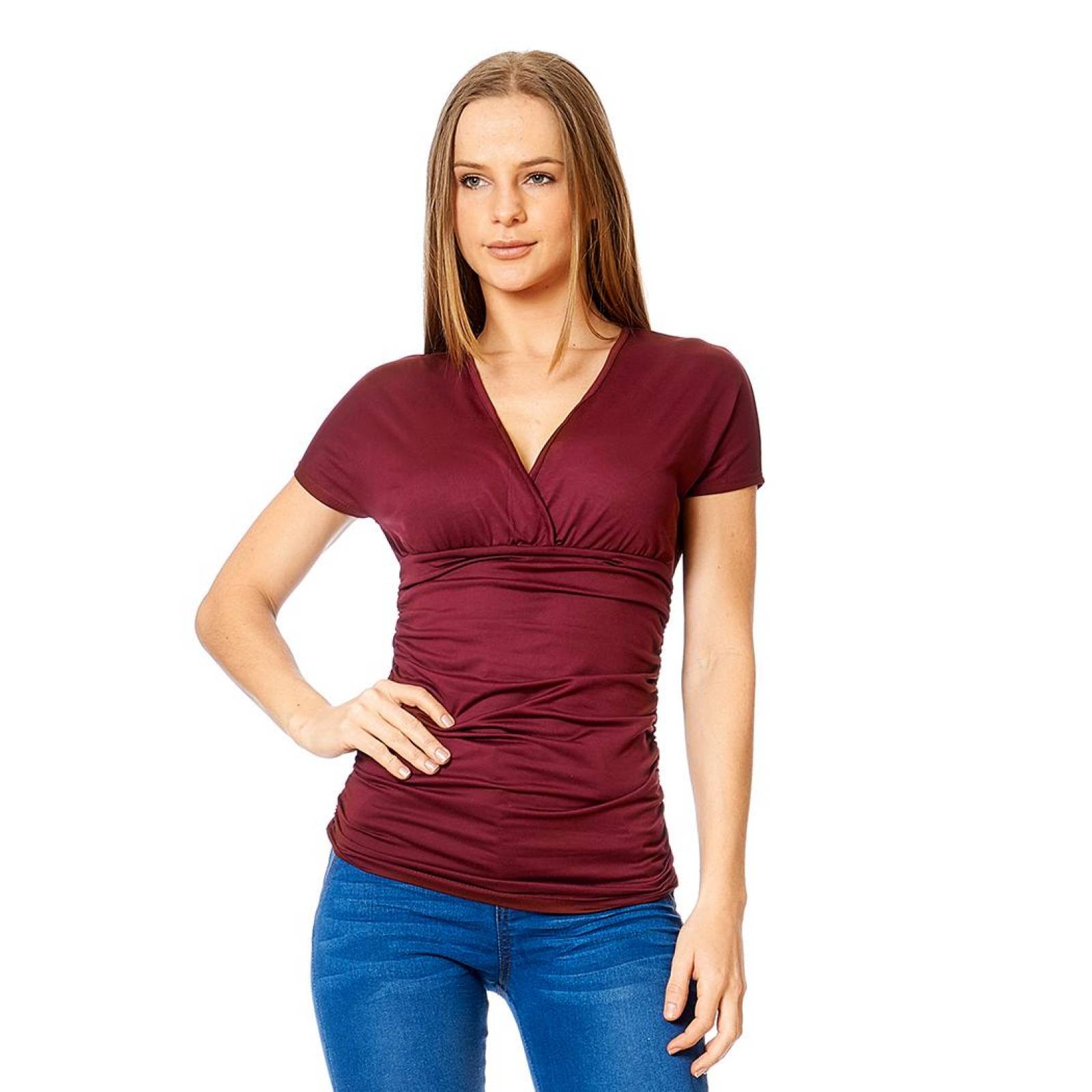 Blusa Escote Cruzado Mujer Moda Casual Vino Manga Corta 