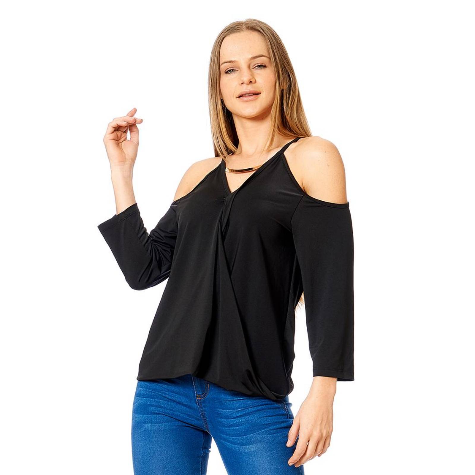 Blusa Hombros Descubiertos Mujer Casual Escote Profundo Negro 