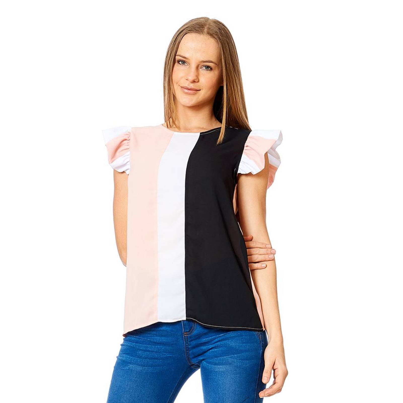 Blusa Formal Casual Mujer Mangas Con Olan Rosa Blanco 