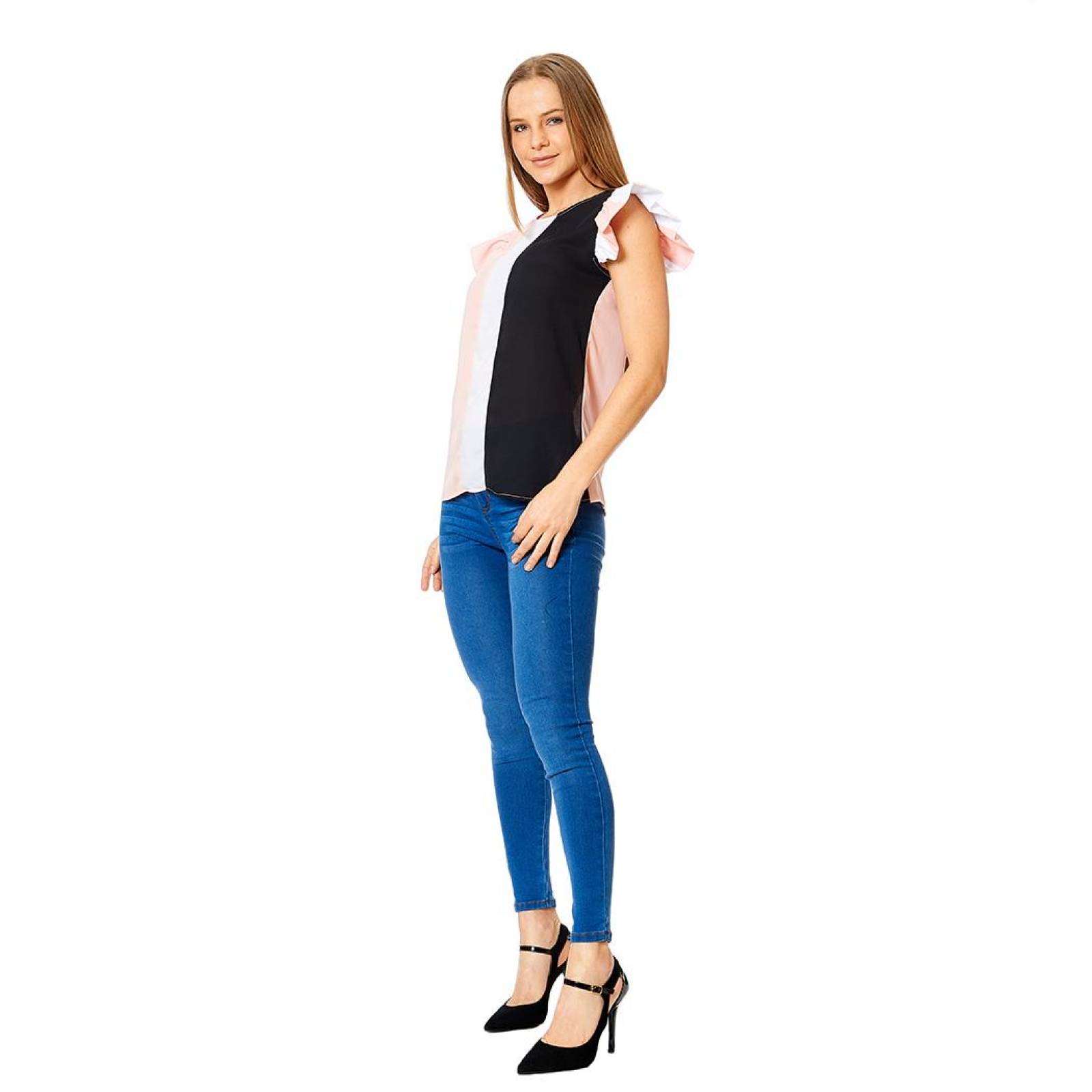 Blusa Formal Casual Mujer Mangas Con Olan Rosa Blanco 