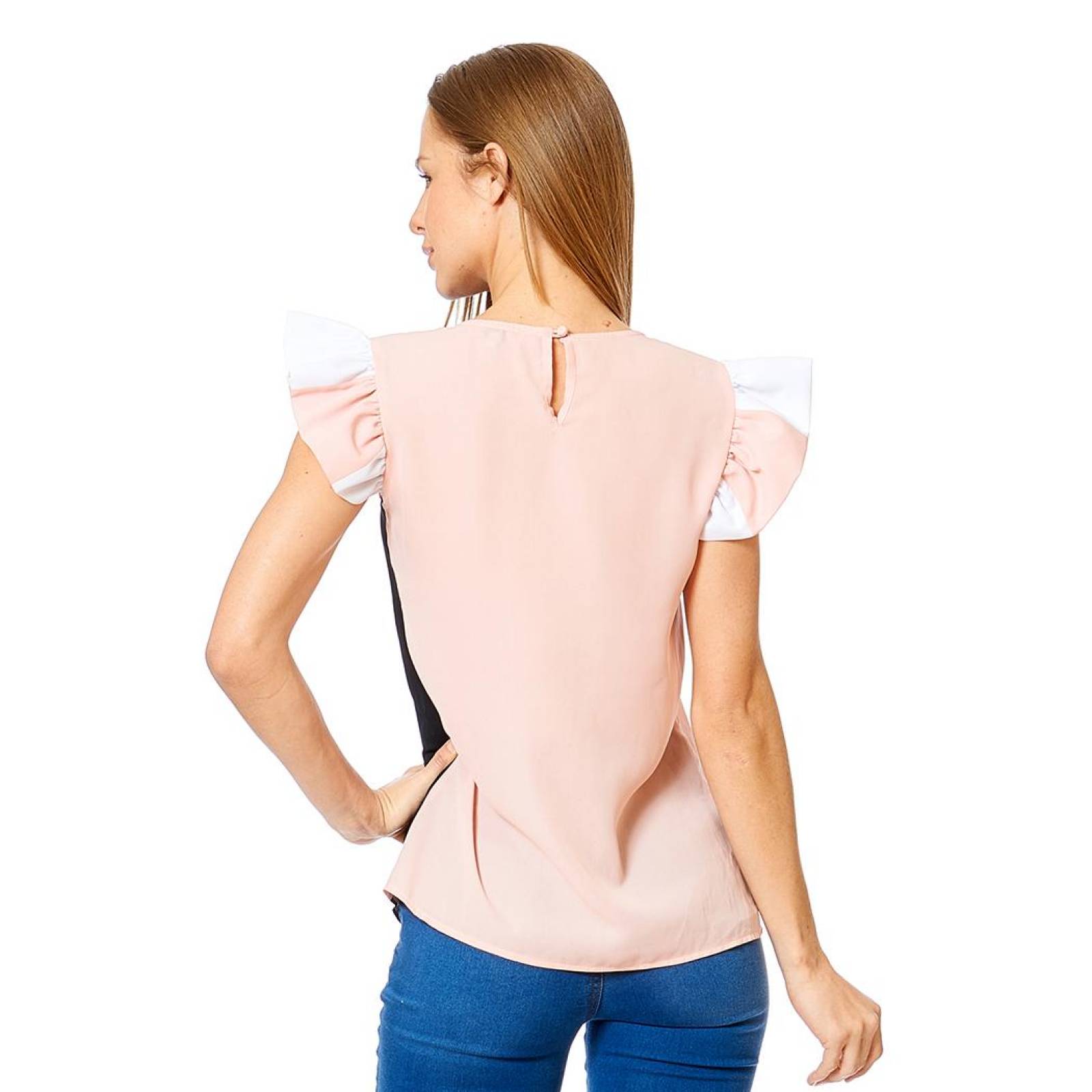 Blusa Formal Casual Mujer Mangas Con Olan Rosa Blanco 