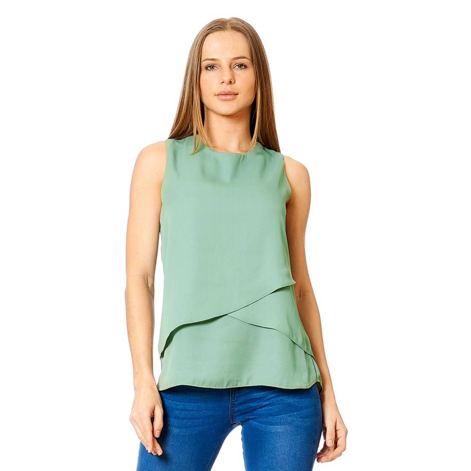 Blusa Sin Manga Mujer Moda Casual Con Volante Pistache Ligera