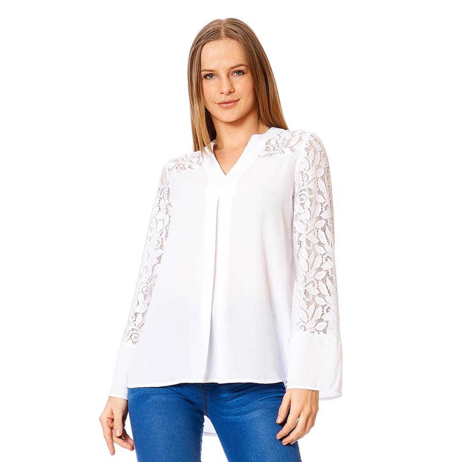 Blusa Manga Larga Con Encaje Mujer Ligera Casual Blanco 