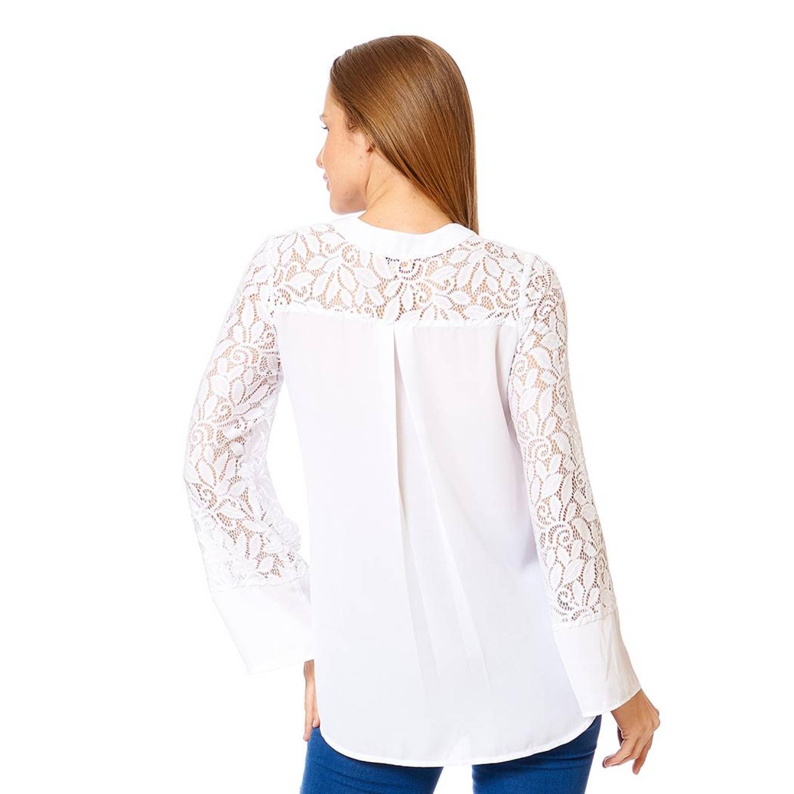 Blusa Manga Larga Con Encaje Mujer Ligera Casual Blanco 