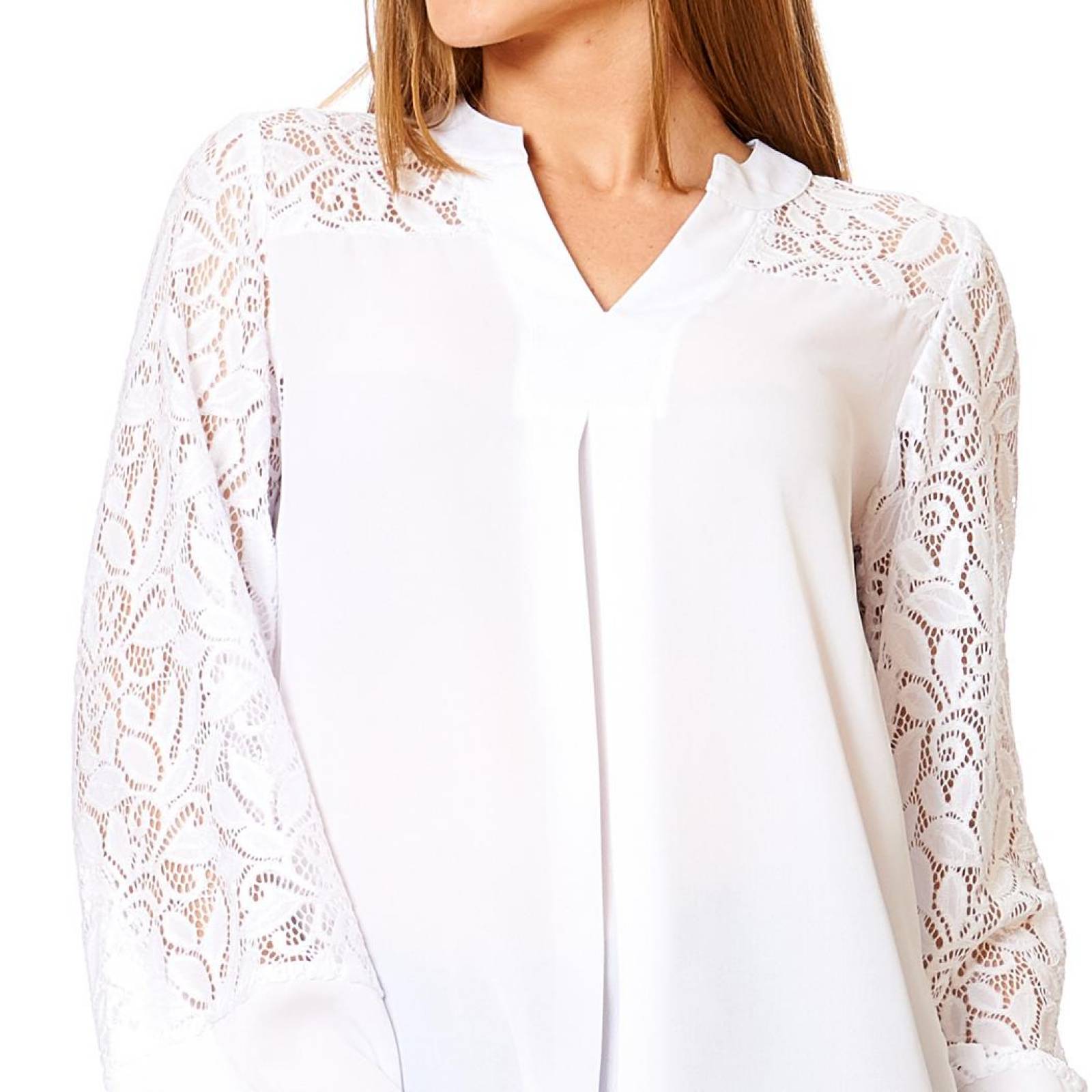 Blusa Manga Larga Con Encaje Mujer Ligera Casual Blanco 