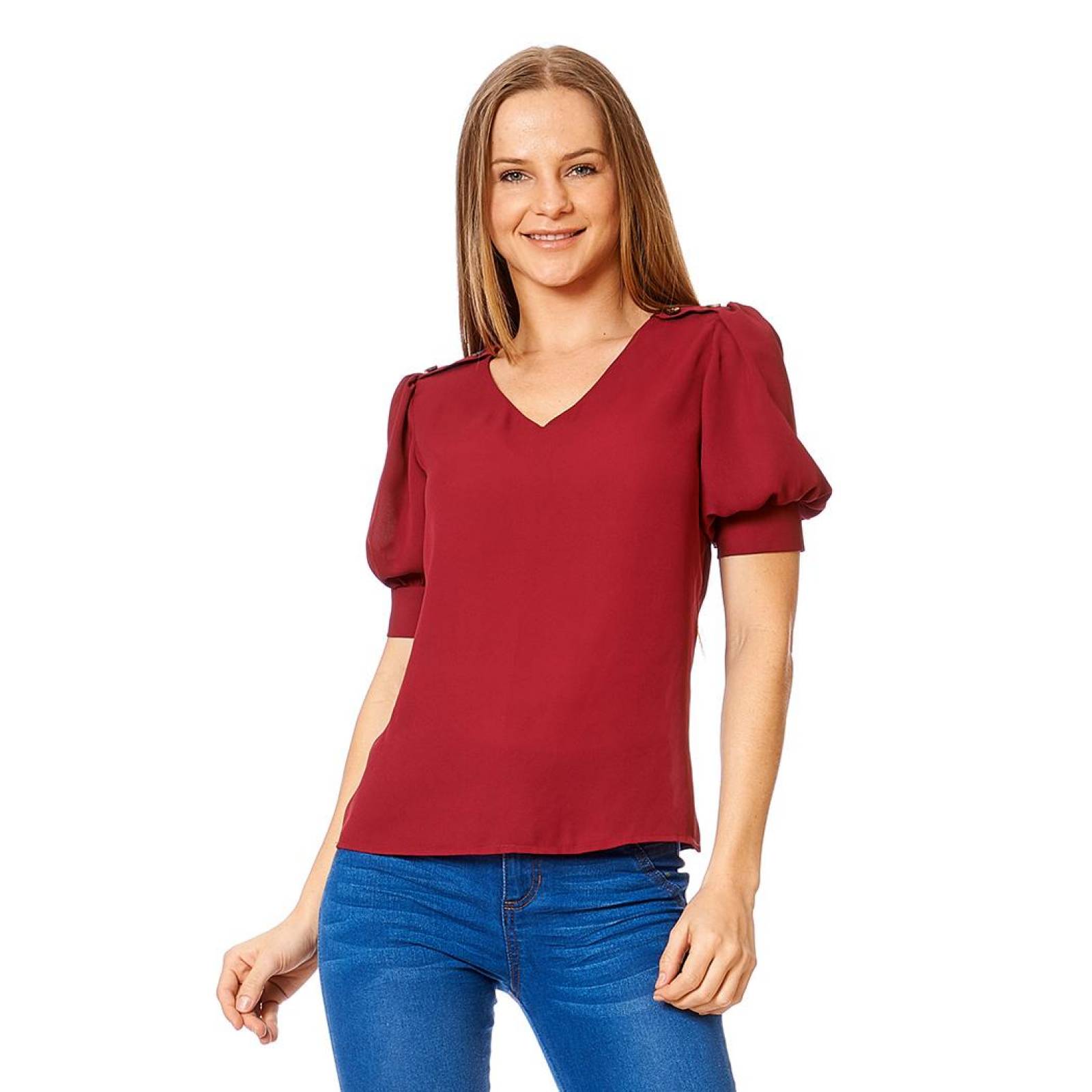 Blusa Manga Corta Peplum Mujer Cuello V Casual Burgundy