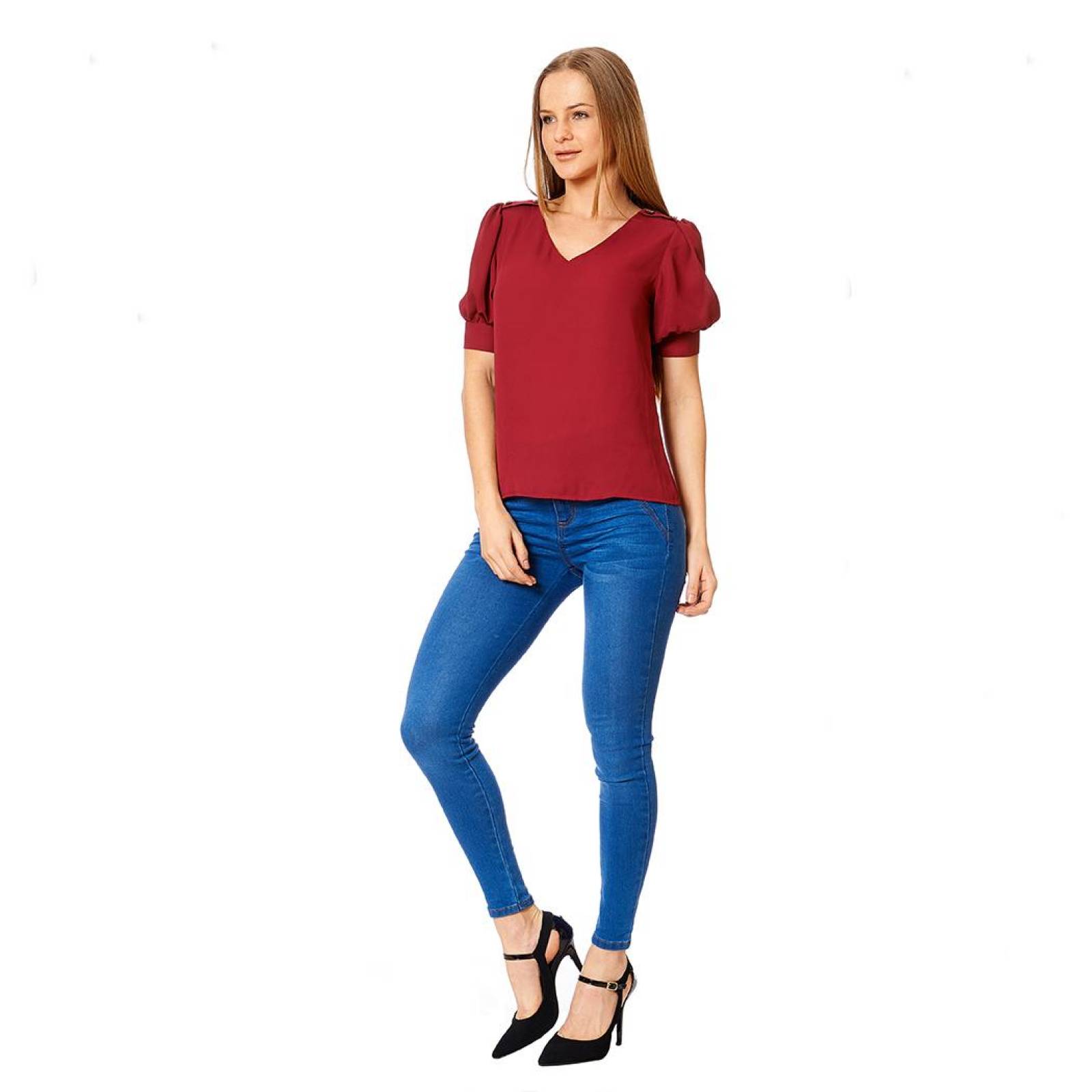 Blusa Manga Corta Peplum Mujer Cuello V Casual Burgundy