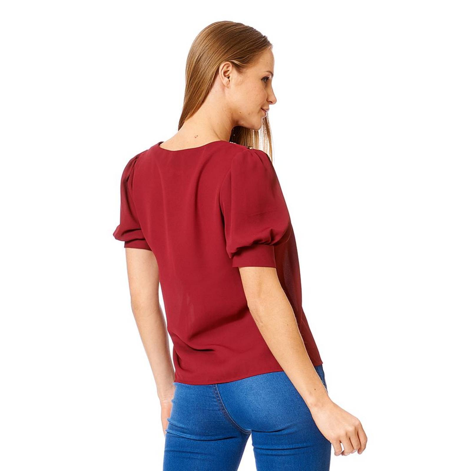 Blusa Manga Corta Peplum Mujer Cuello V Casual Burgundy