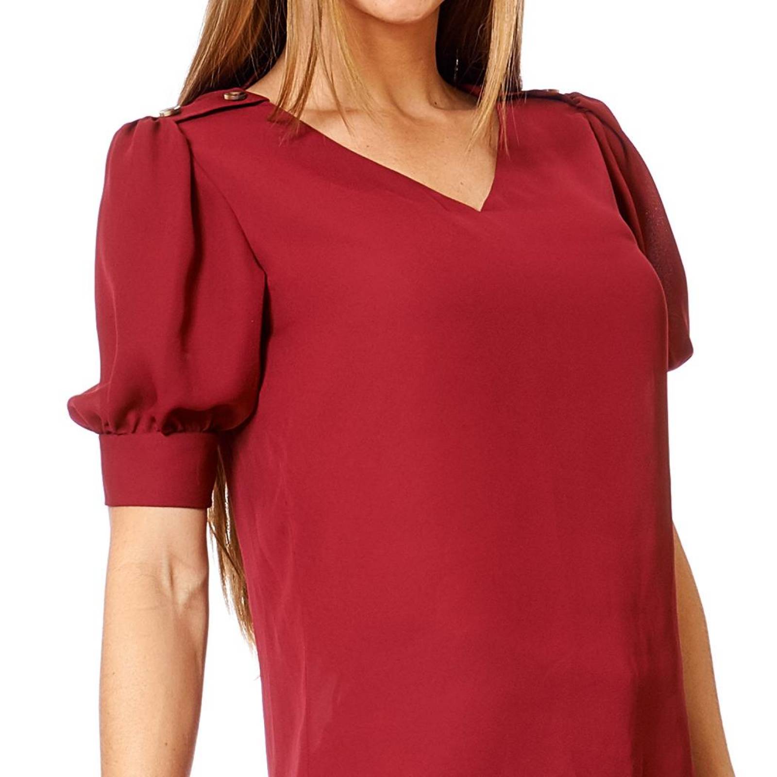 Blusa Manga Corta Peplum Mujer Cuello V Casual Burgundy
