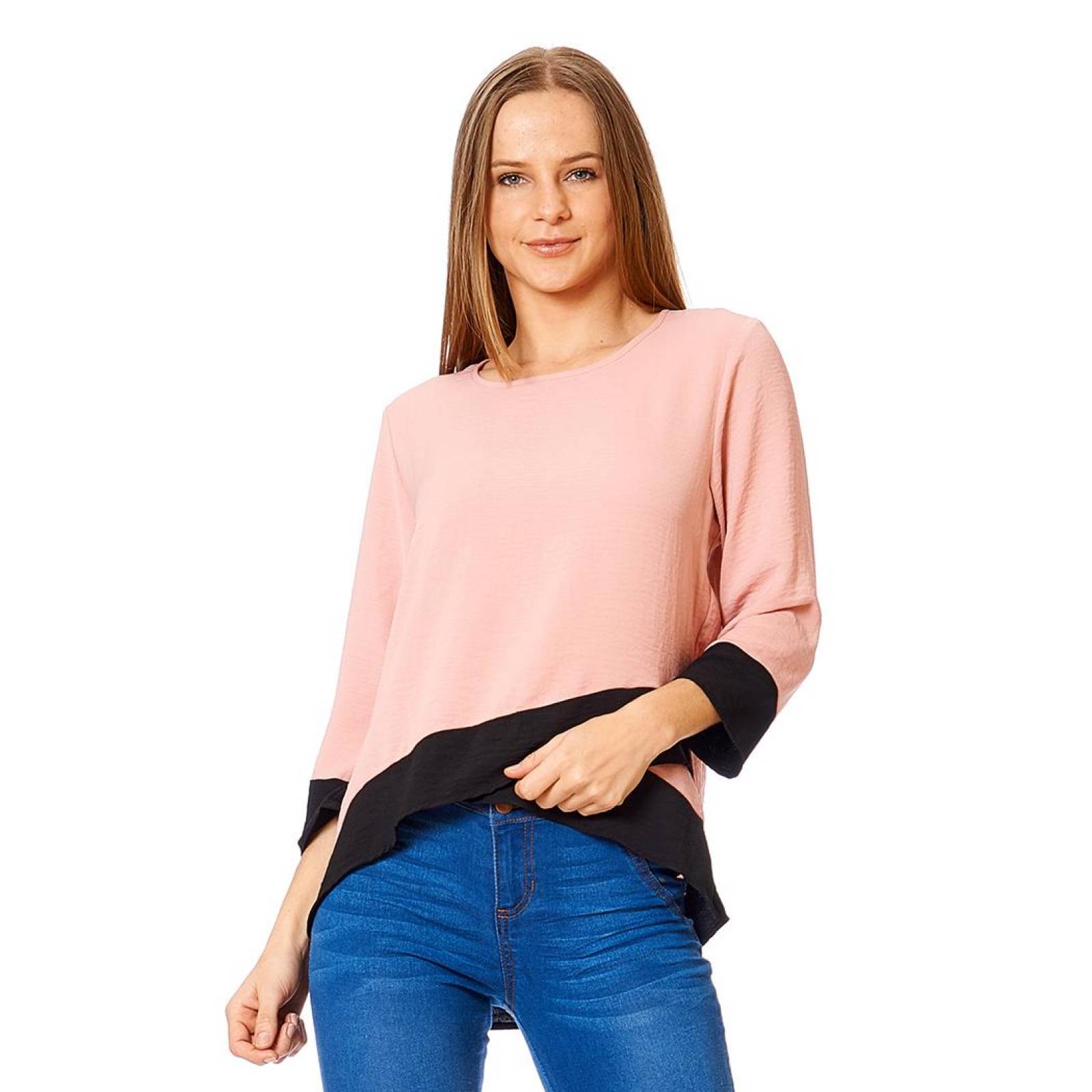 Blusa Manga Larga Bicolor Casual Mujer Rosa Ligera Cruzada