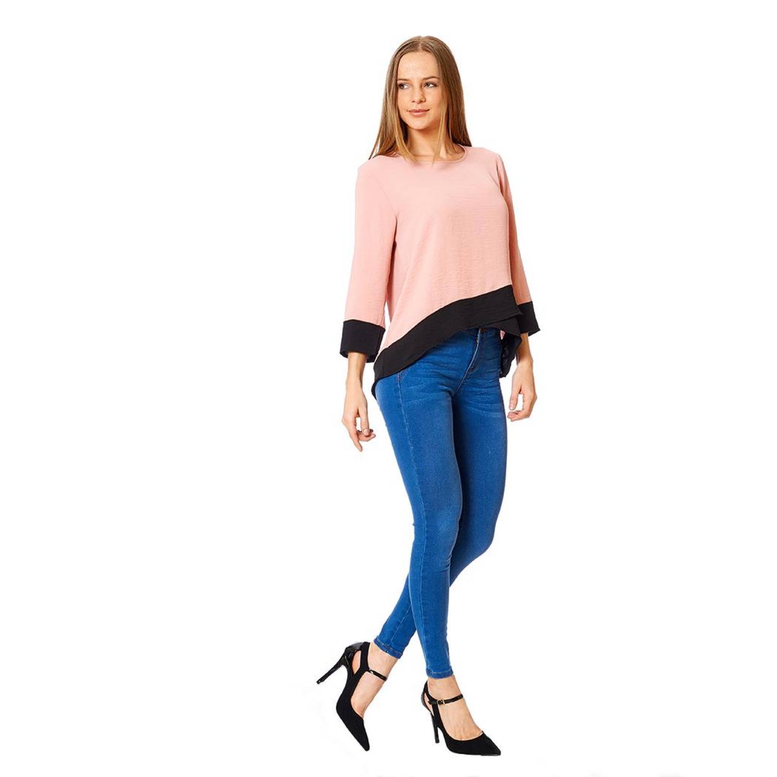 Blusa Manga Larga Bicolor Casual Mujer Rosa Ligera Cruzada