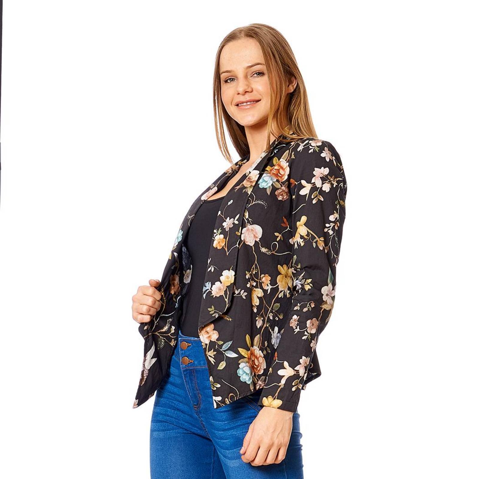 Blazer Estampado Flores Mujer Formal Casual Negro