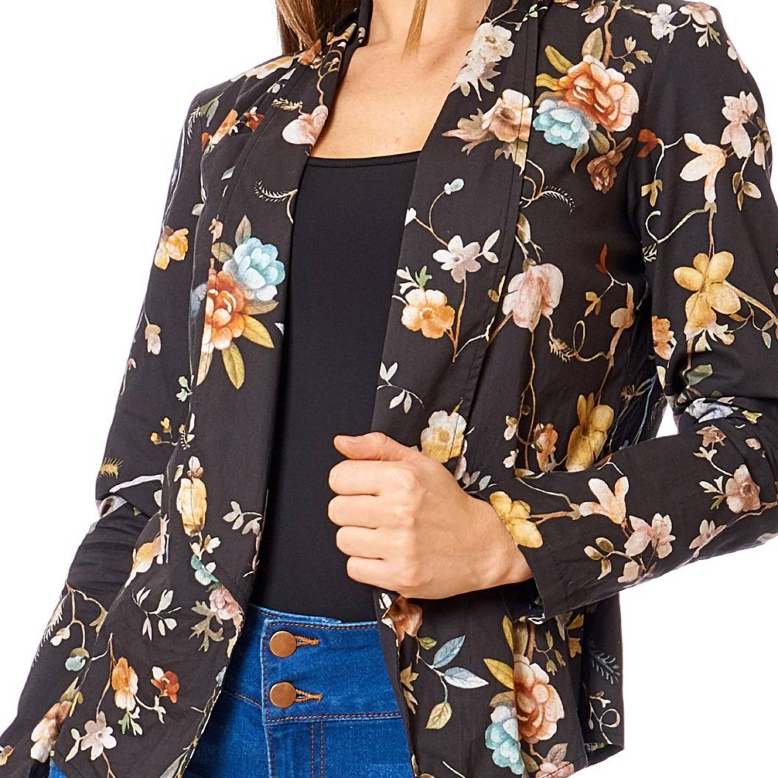 Blazer Estampado Flores Mujer Formal Casual Negro