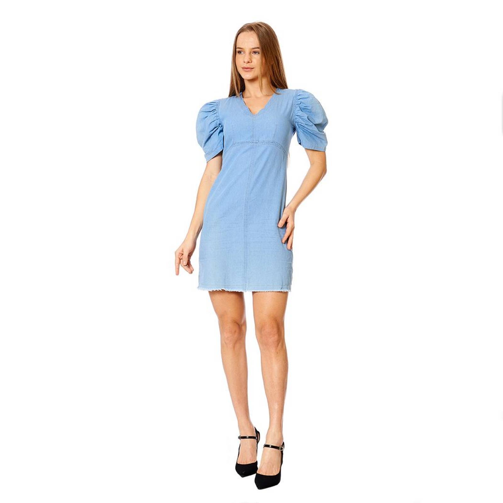 Vestido Corte Imperio Casual Juvenil Mujer Cuello V Azul