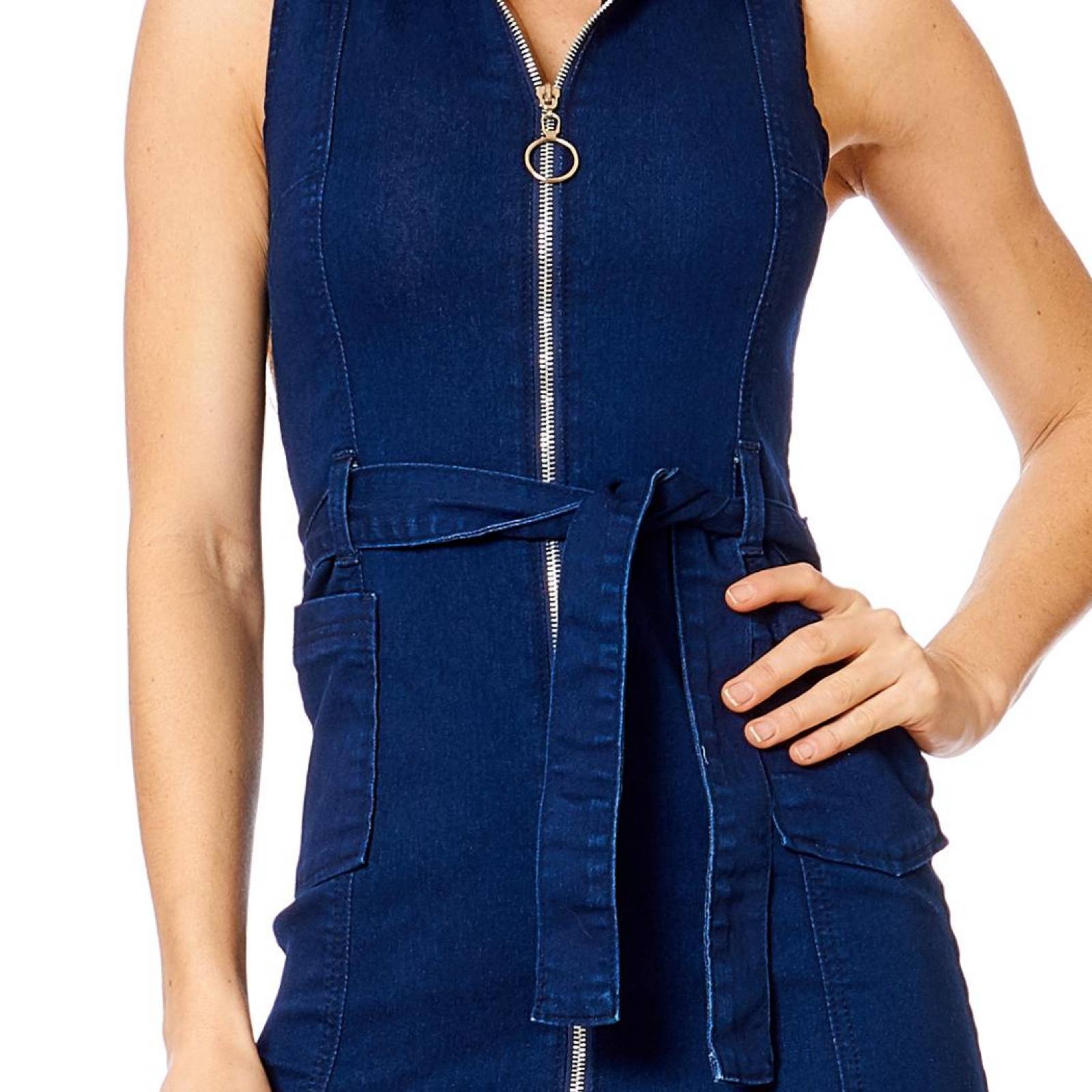 Vestido Corto De Mezclilla Casual Mujer Con Cierre y Cinto 