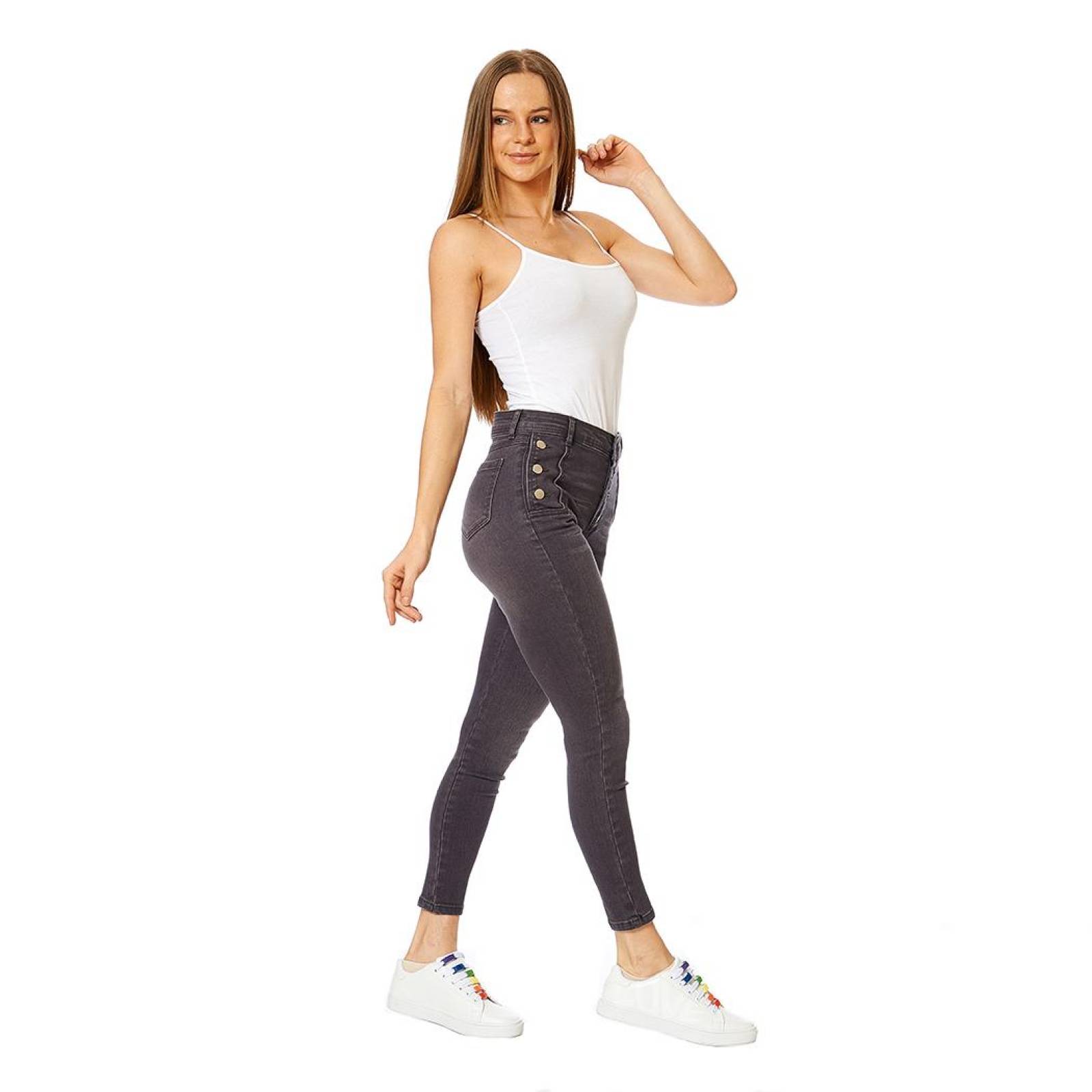 Jeans Tiro Alto Corte Colombiano Mujer Juvenil Casual Gris
