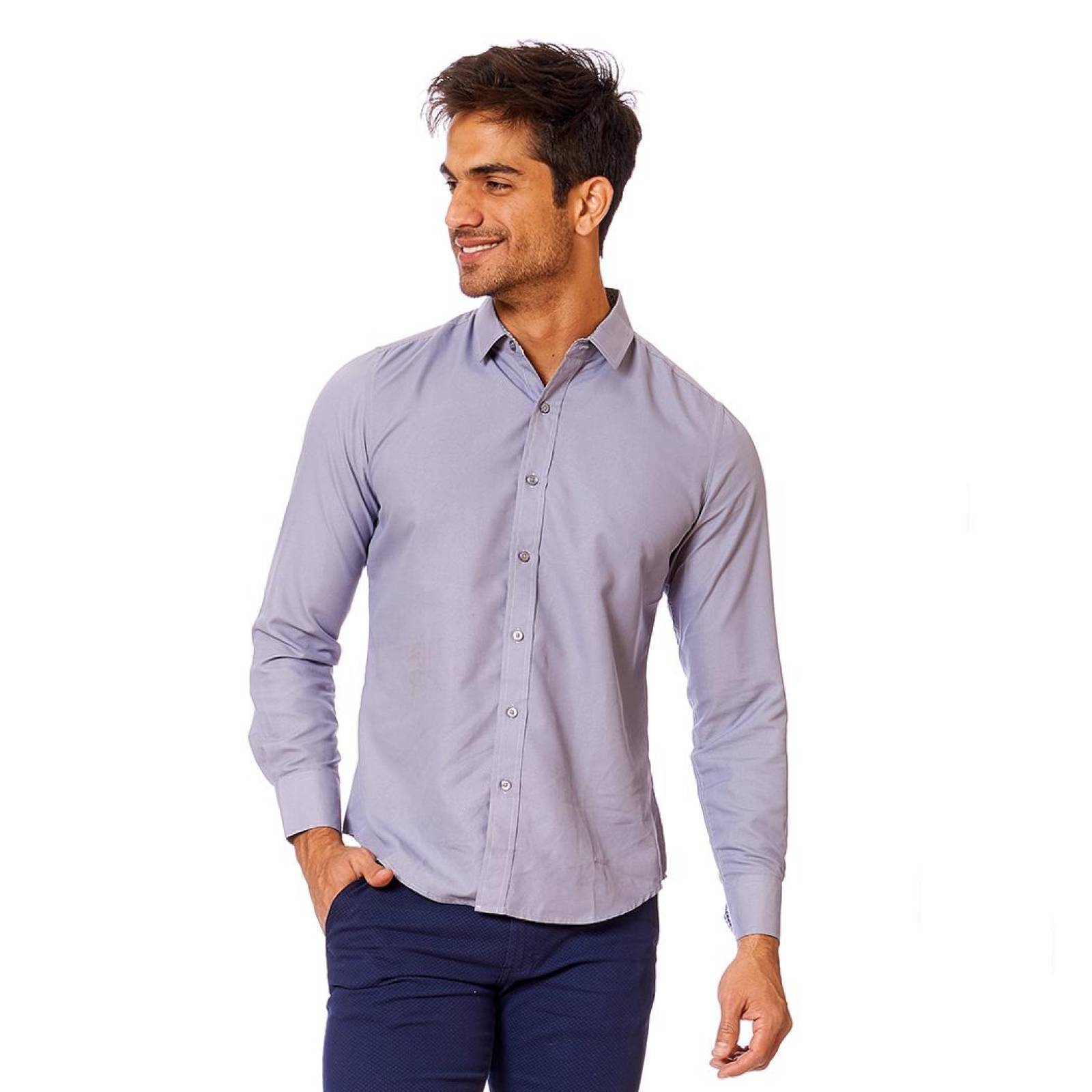 Camisa Hombre De Vestir Slim Fit Gris Casual 
