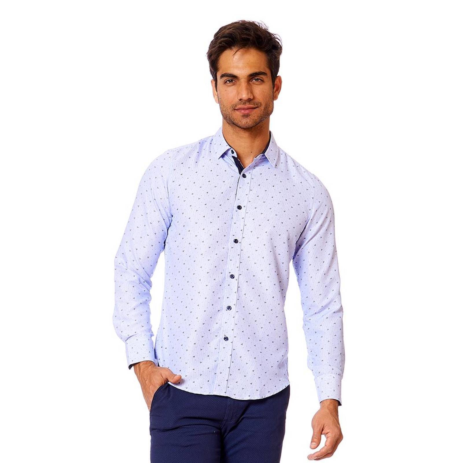 Camisa Hombre Moda Casual Formal Slim Fit Azul Estampada 