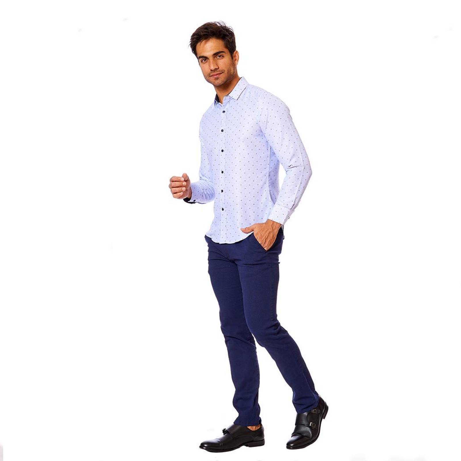 Camisa Hombre Moda Casual Formal Slim Fit Azul Estampada 