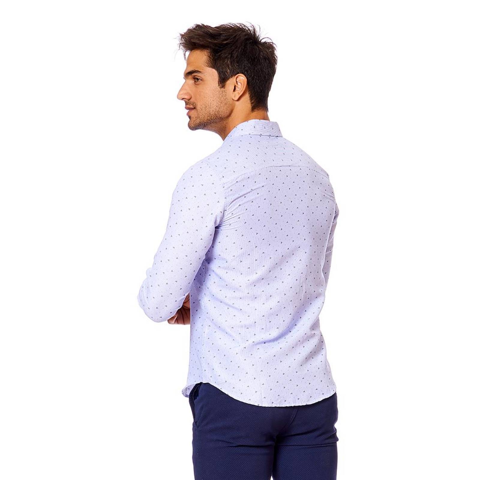 Camisa Hombre Moda Casual Formal Slim Fit Azul Estampada 