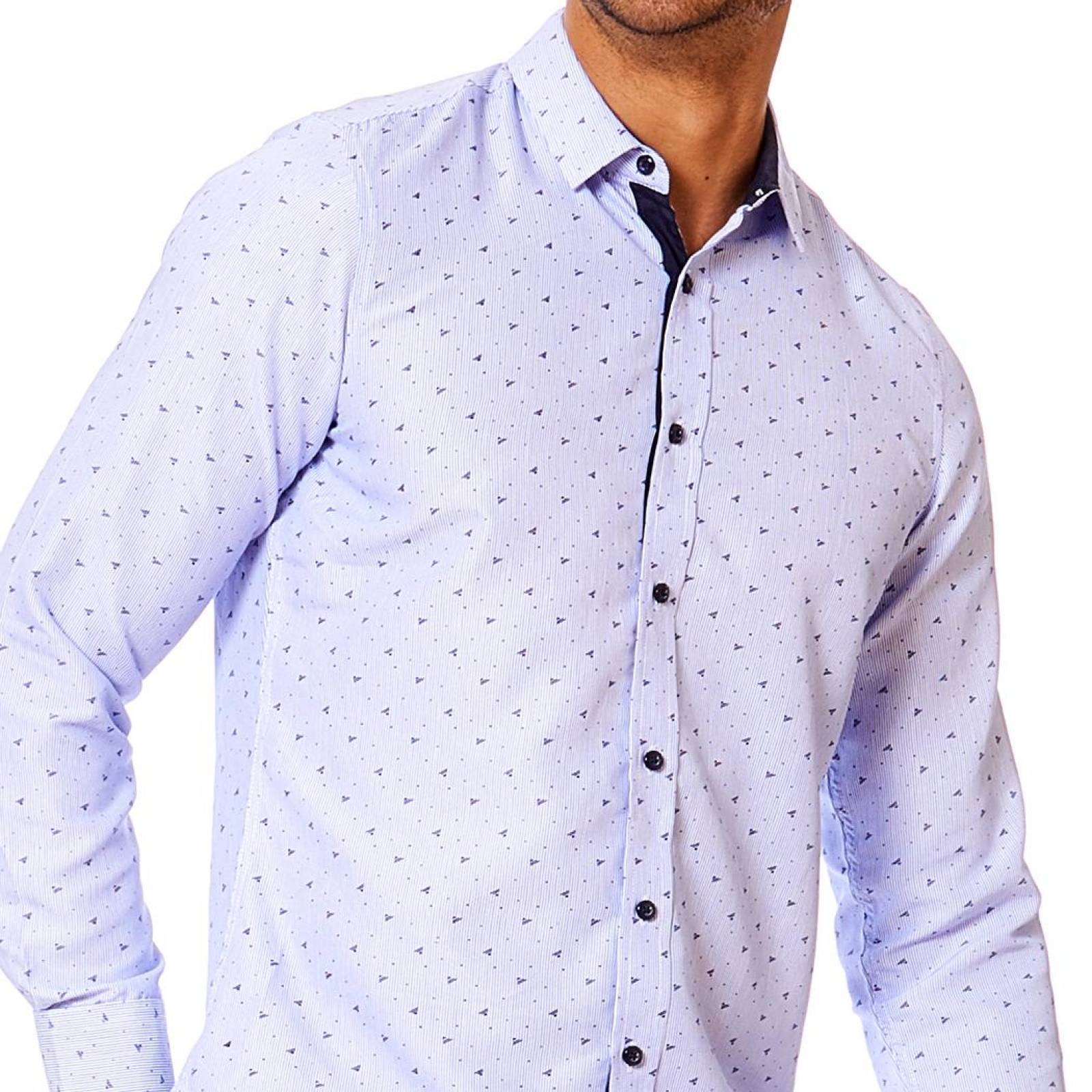 Camisa Hombre Moda Casual Formal Slim Fit Azul Estampada 