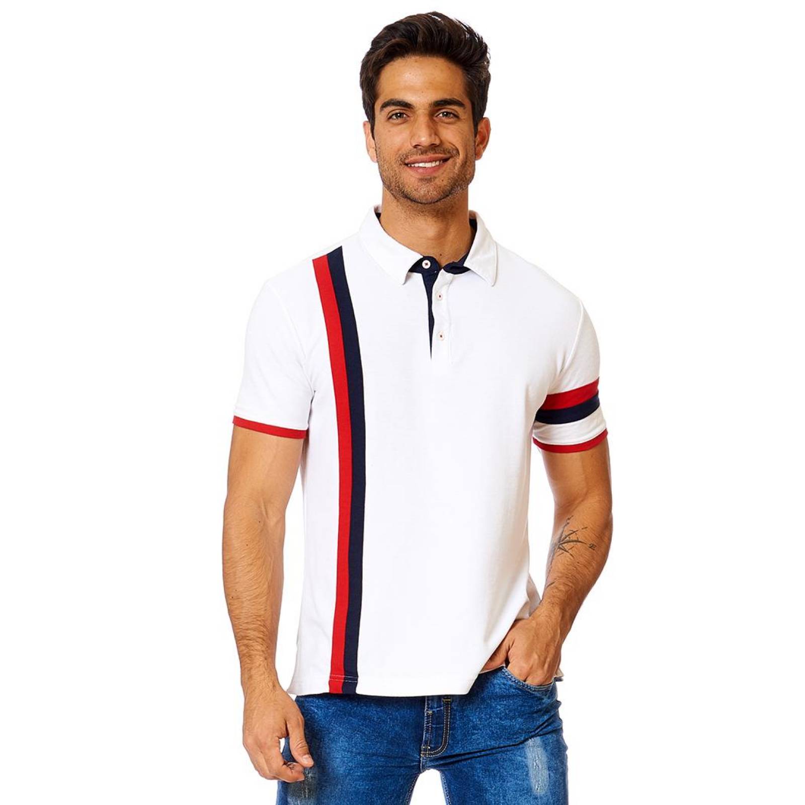 Playera Polo Slim Fit Hombre Manga Corta Blanco Rojo