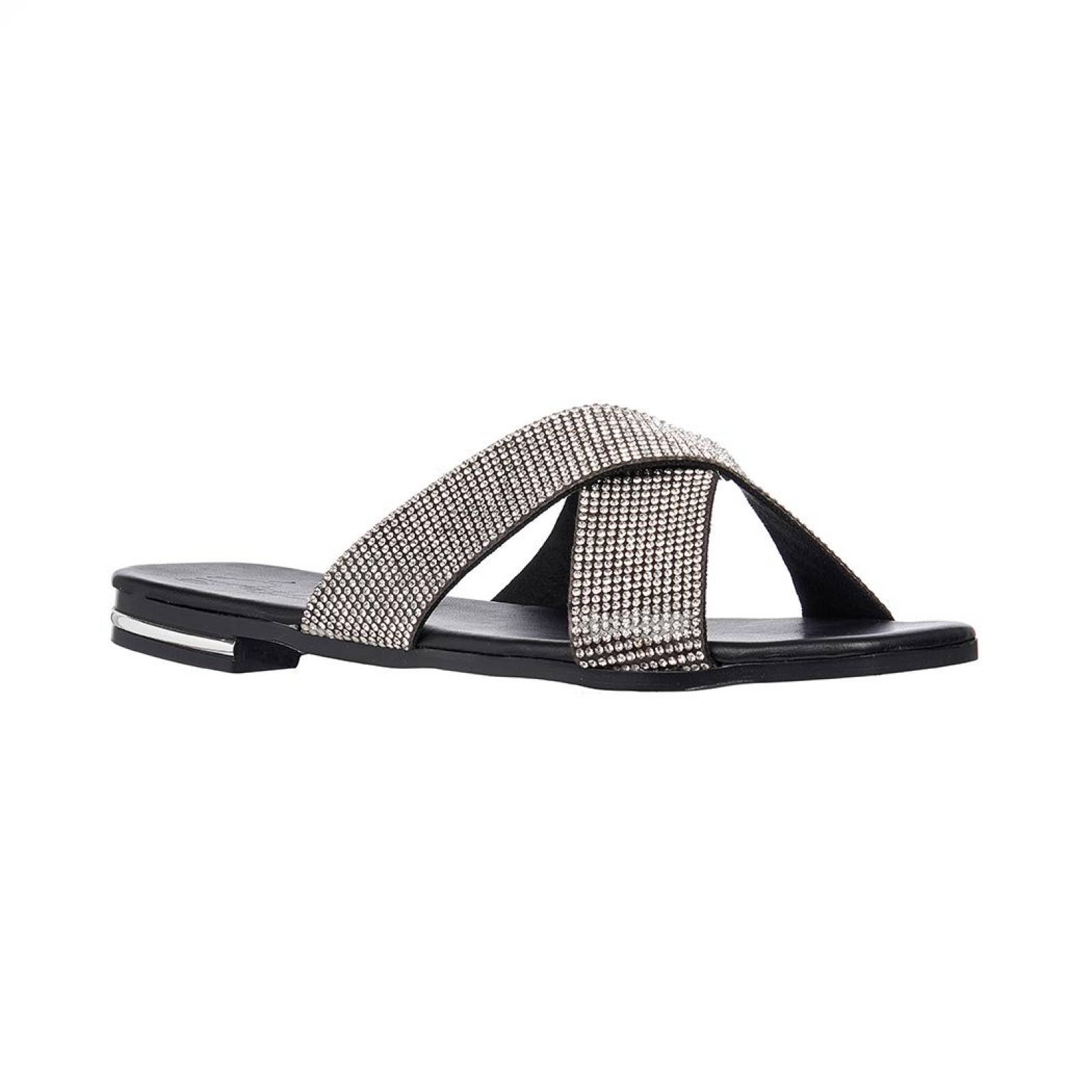 Sandalia Cruzada Casual Mujer Pedrería Textil Plata Cómoda