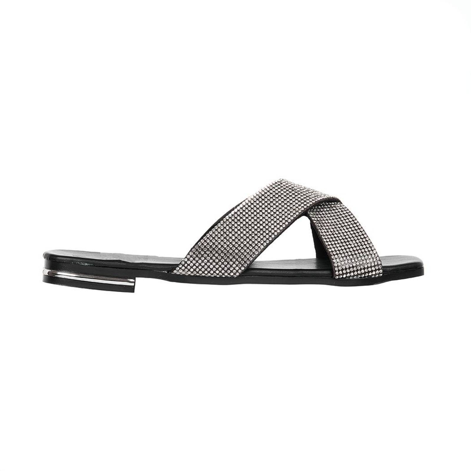 Sandalia Cruzada Casual Mujer Pedrería Textil Plata Cómoda
