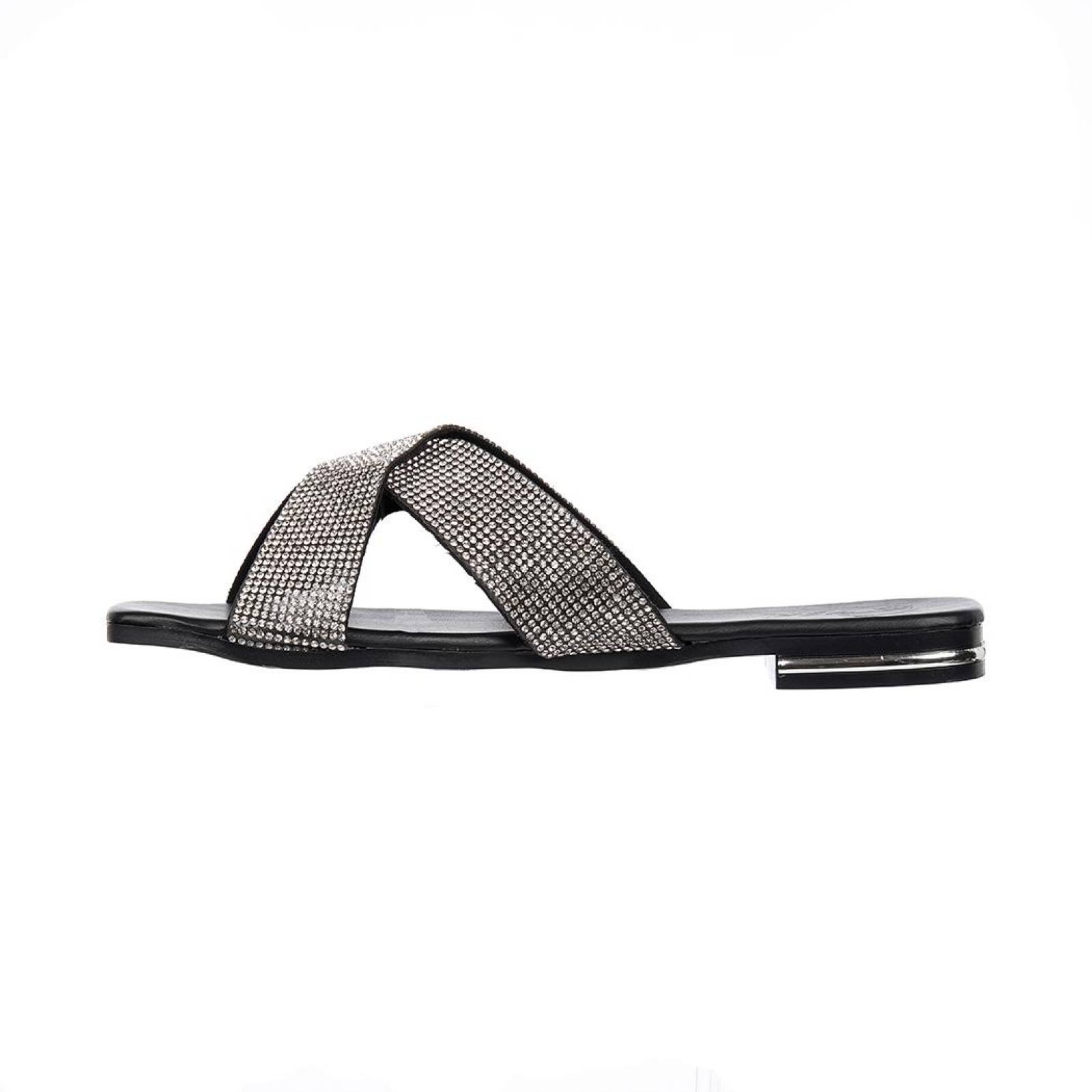 Sandalia Cruzada Casual Mujer Pedrería Textil Plata Cómoda