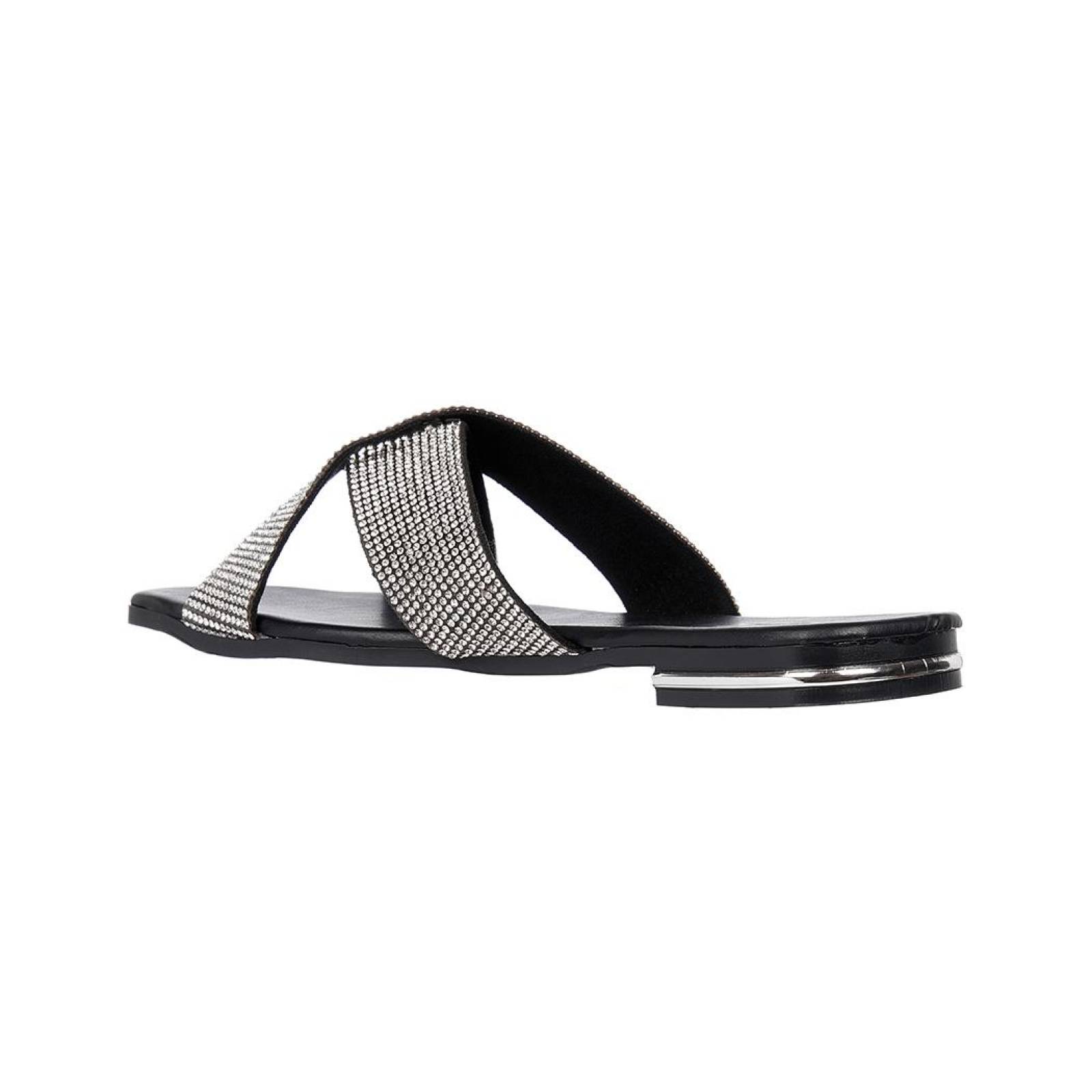 Sandalia Cruzada Casual Mujer Pedrería Textil Plata Cómoda
