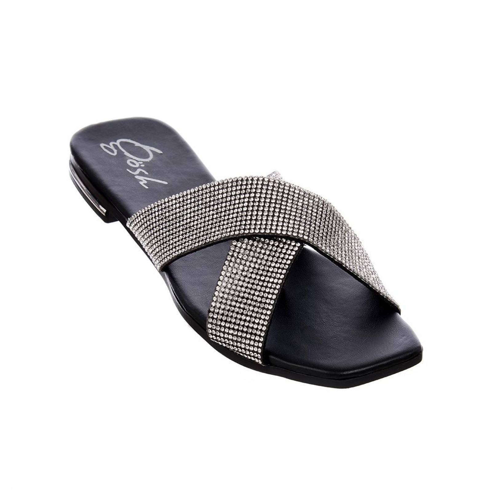 Sandalia Cruzada Casual Mujer Pedrería Textil Plata Cómoda