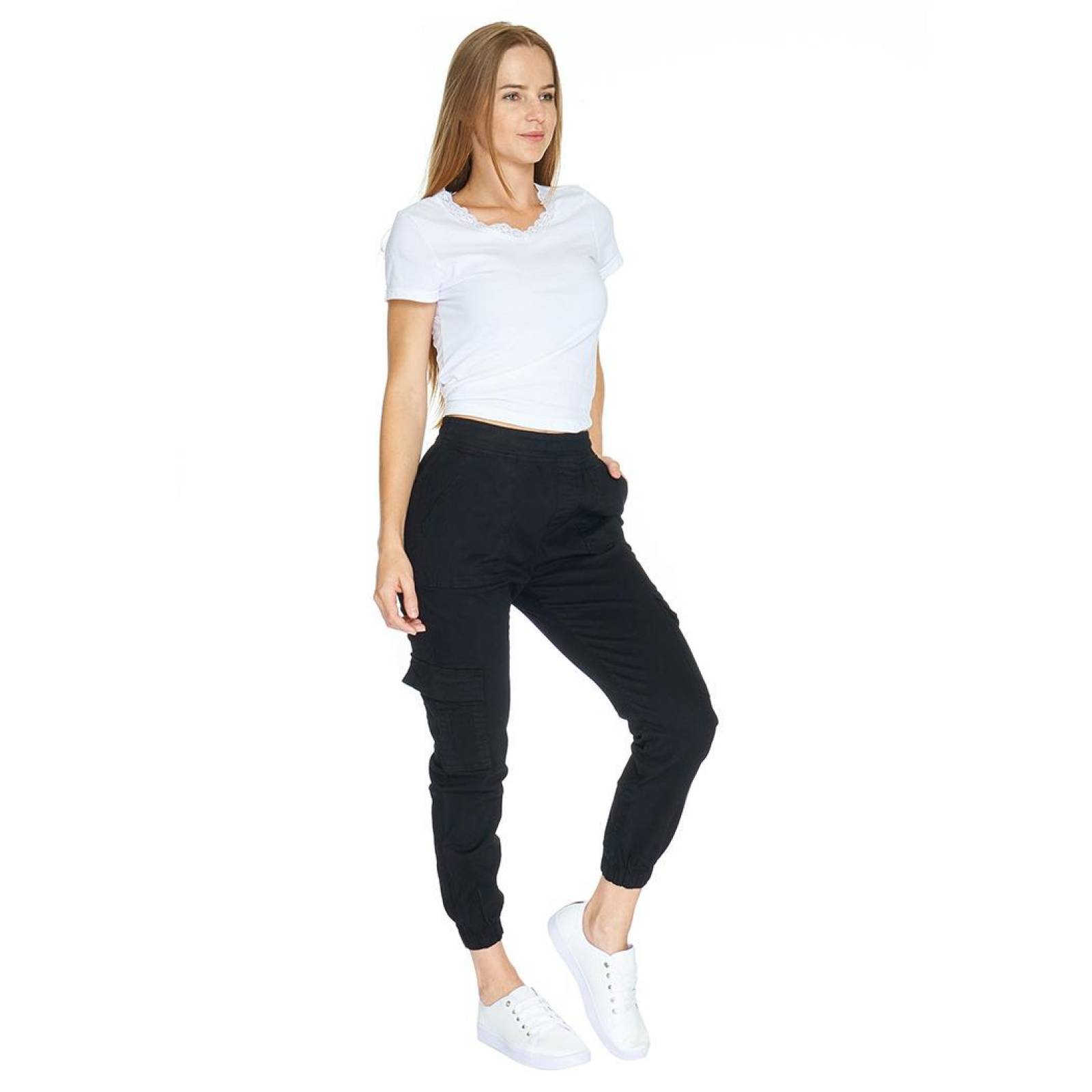 Pantalón Cargo Negro Para Mujer Gabardina Stretch Casual 