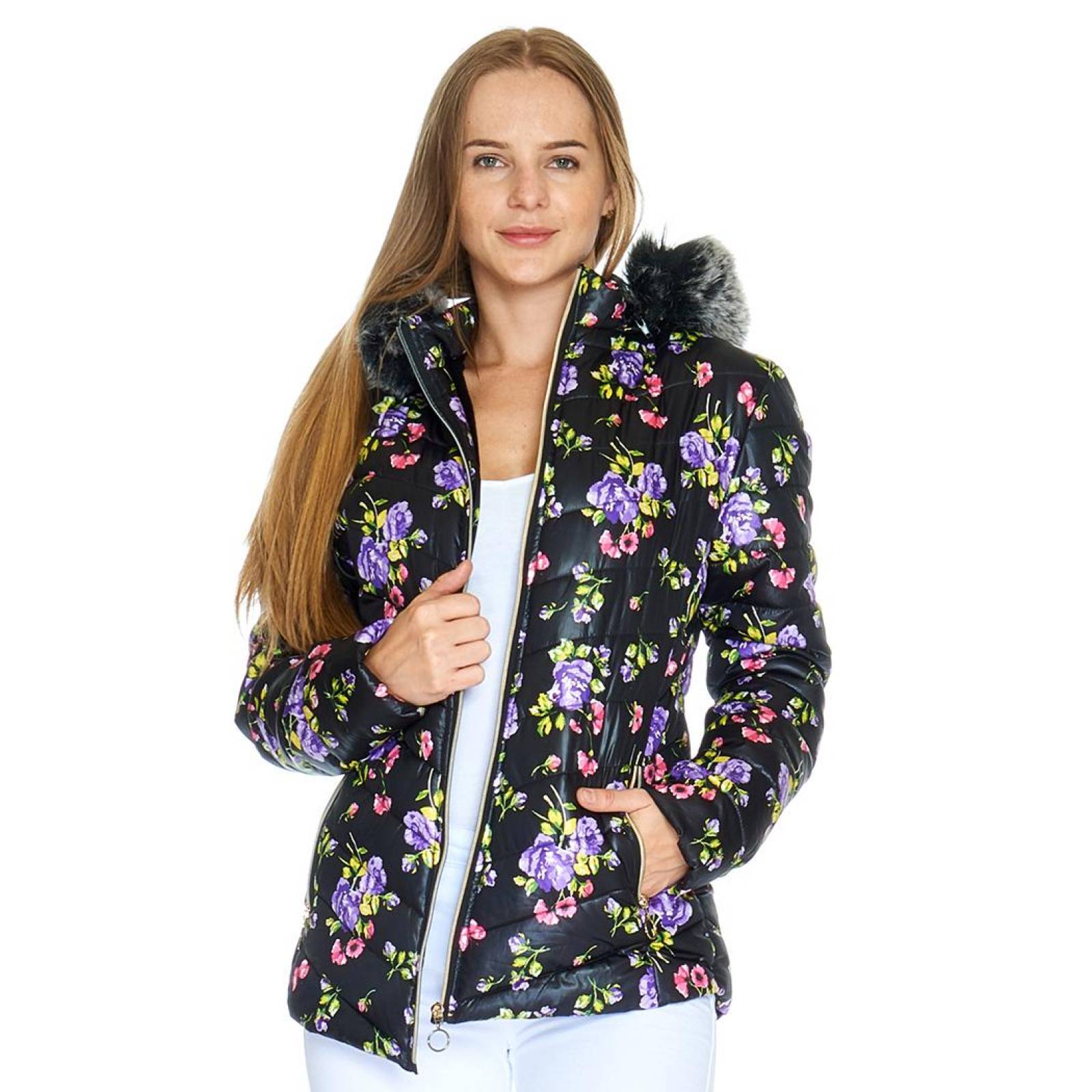 Chamarra Para Mujer Con Capucha Estampado Flores Negro Cómoda