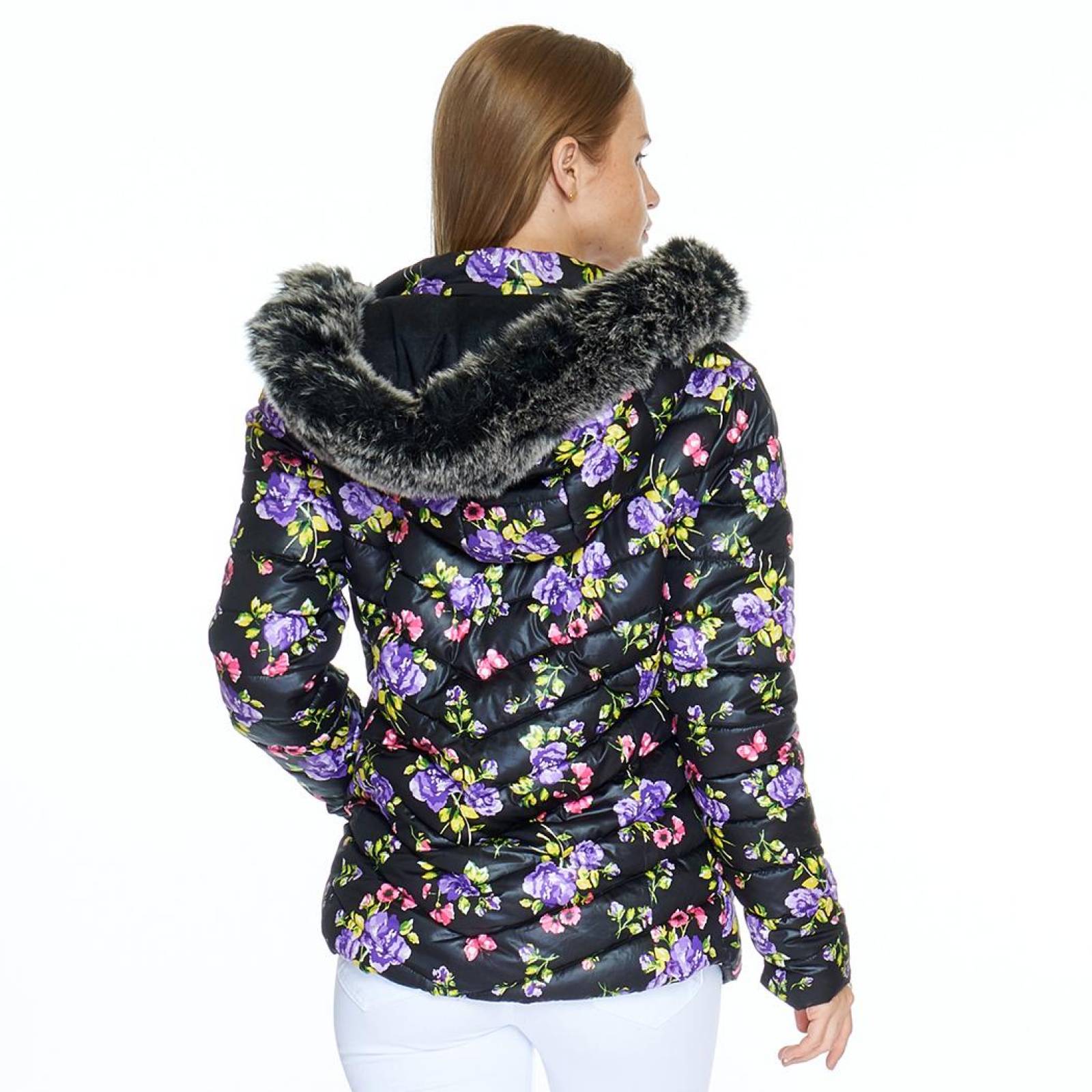 Chamarra Para Mujer Con Capucha Estampado Flores Negro Cómoda